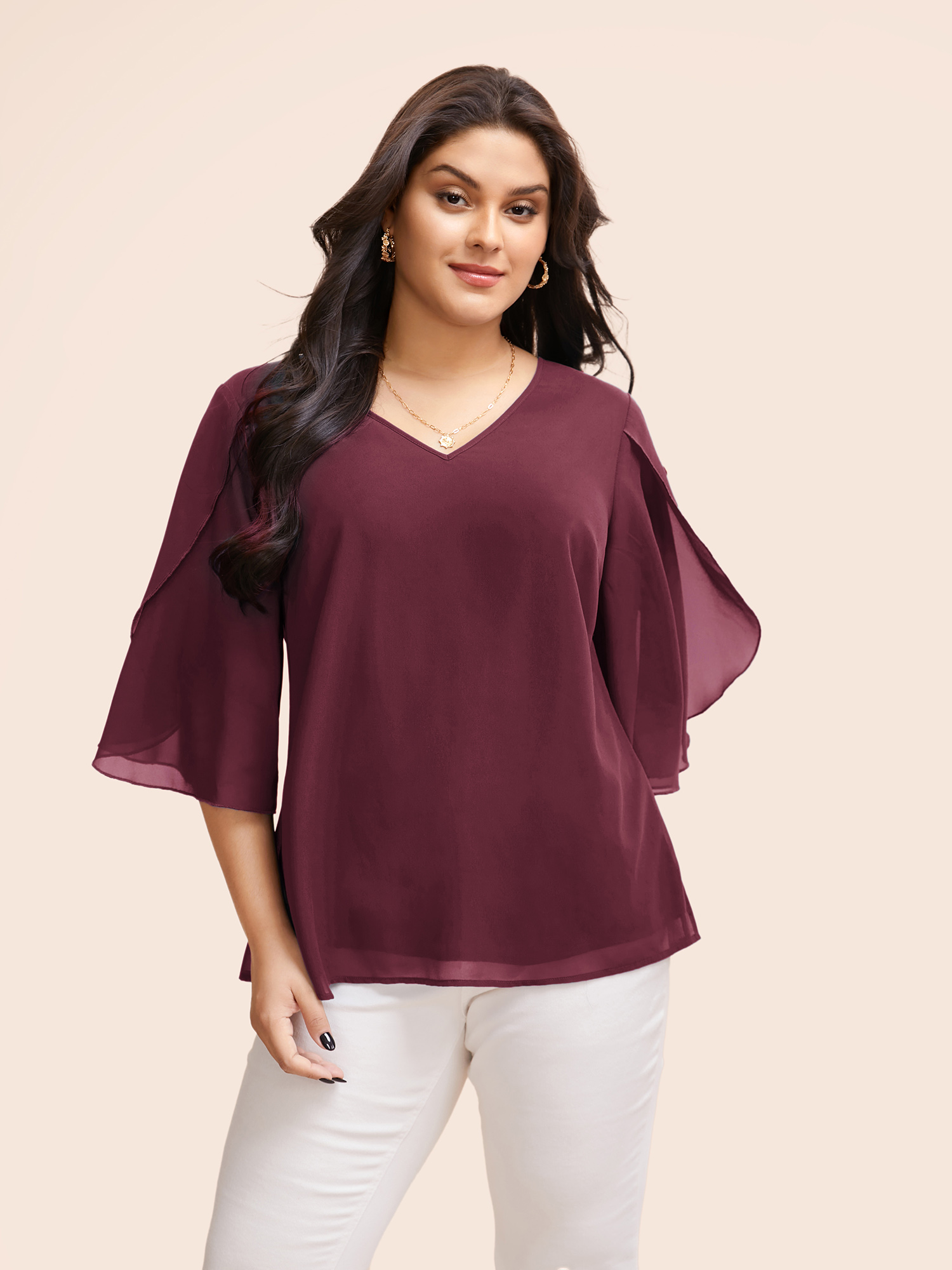 

Plus Size Burgundy Chiffon Gathered Petal Sleeve Blouse Women Elegant Elbow-length sleeve V-neck Everyday Blouses BloomChic