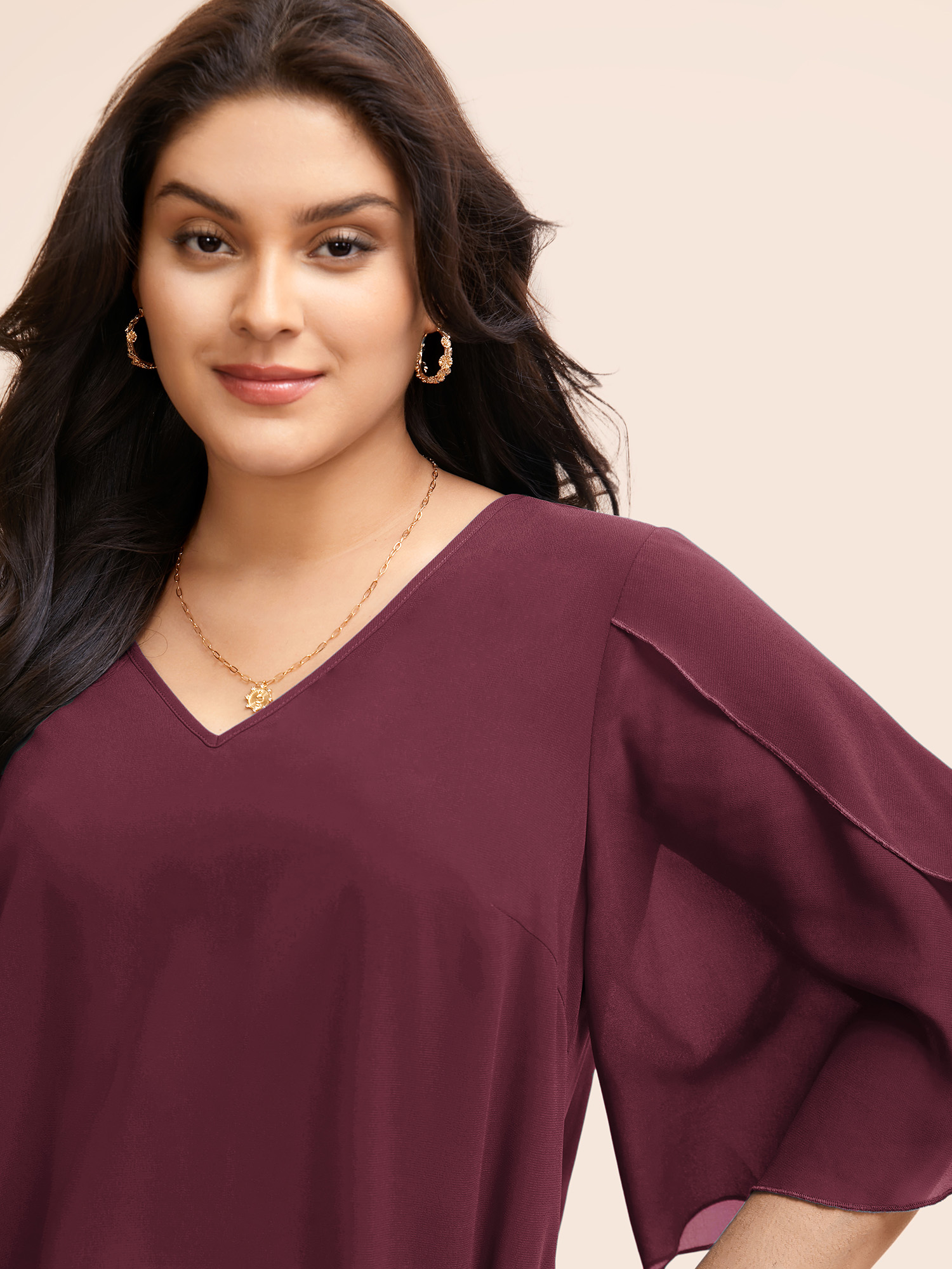 

Plus Size Burgundy Chiffon Gathered Petal Sleeve Blouse Women Elegant Elbow-length sleeve V-neck Everyday Blouses BloomChic