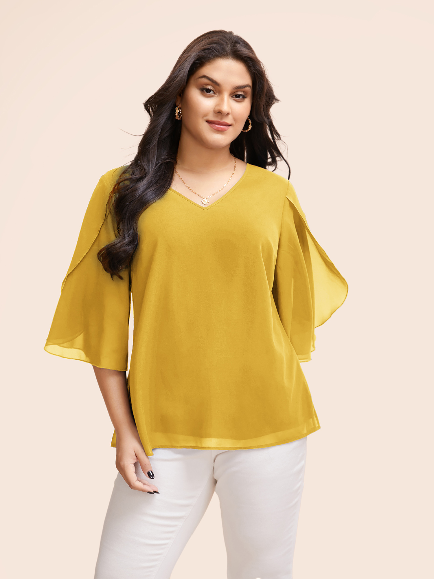 

Plus Size Mustardyellow Chiffon Gathered Petal Sleeve Blouse Women Elegant Elbow-length sleeve V-neck Everyday Blouses BloomChic