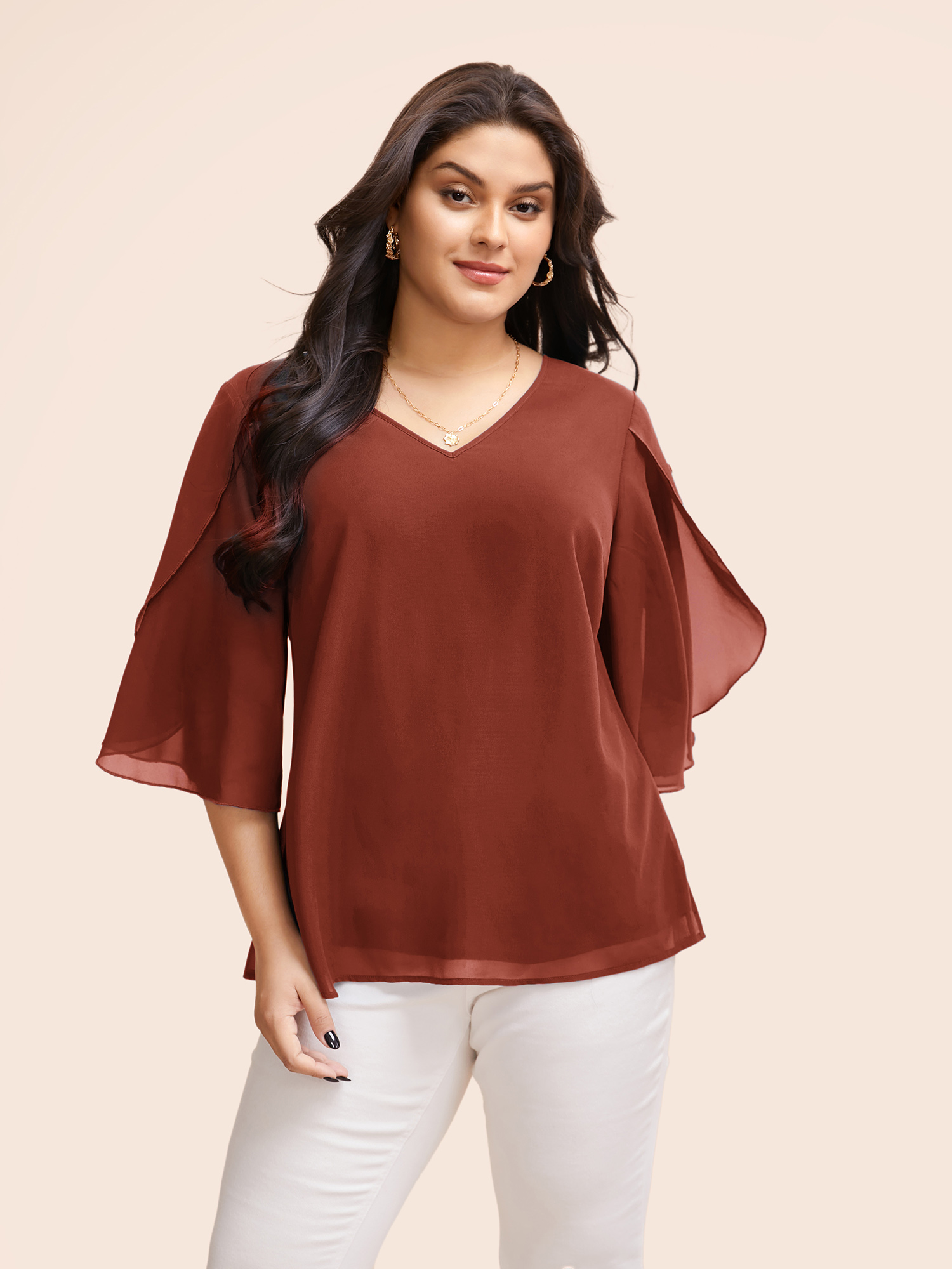 

Plus Size Rust Chiffon Gathered Petal Sleeve Blouse Women Elegant Elbow-length sleeve V-neck Everyday Blouses BloomChic