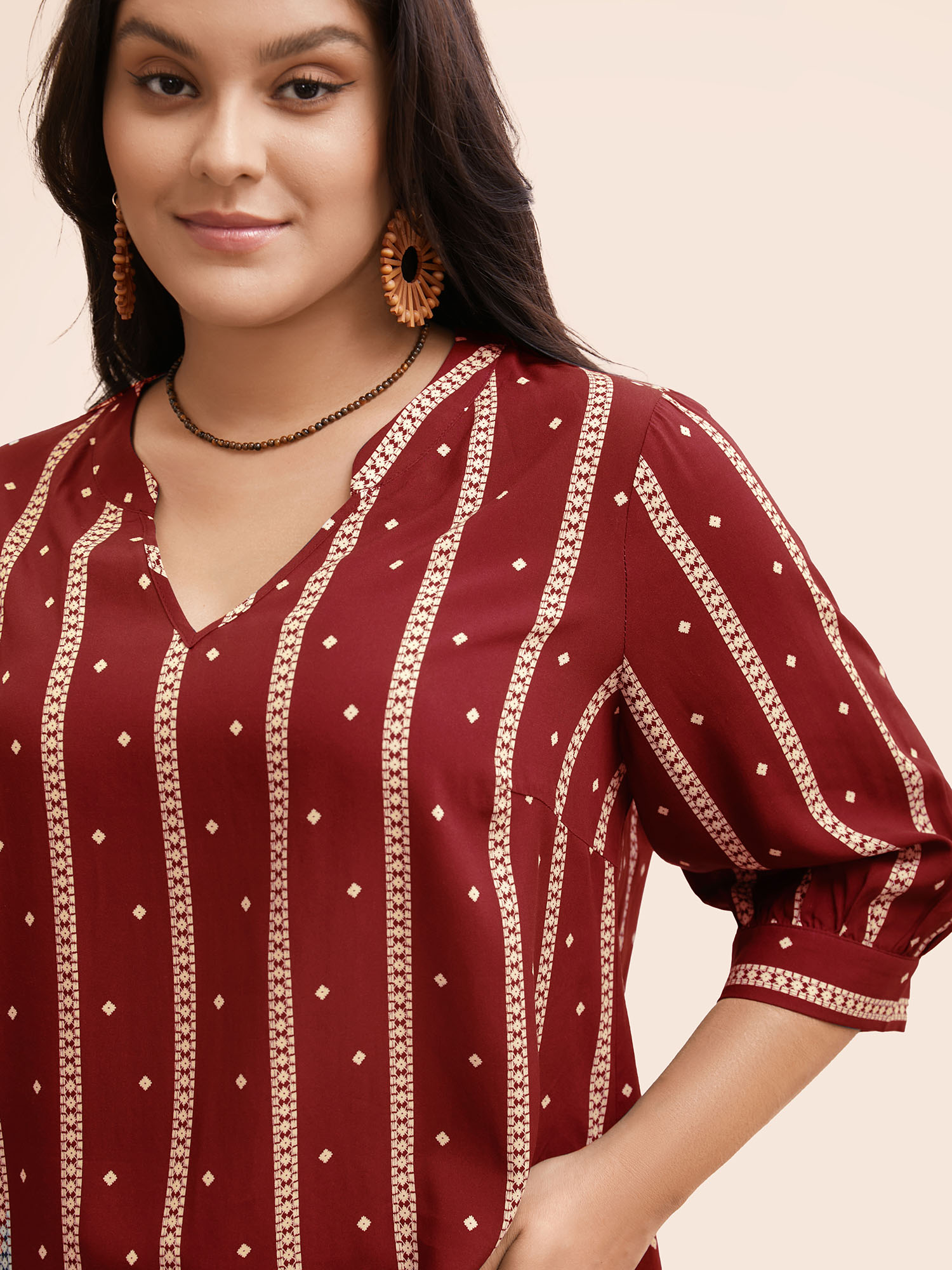 

Plus Size Deepred Striped Geometric Notched Gathered Blouse Women Resort Elbow-length sleeve Notched collar Vacation Blouses BloomChic