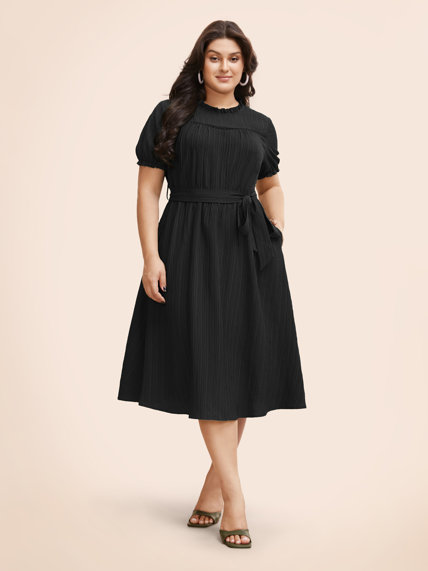 

Plus Size Textured Frill Trim Puff Sleeve Dress Black Women Elegant Woven ribbon&lace trim Mock Neck Short sleeve Curvy BloomChic