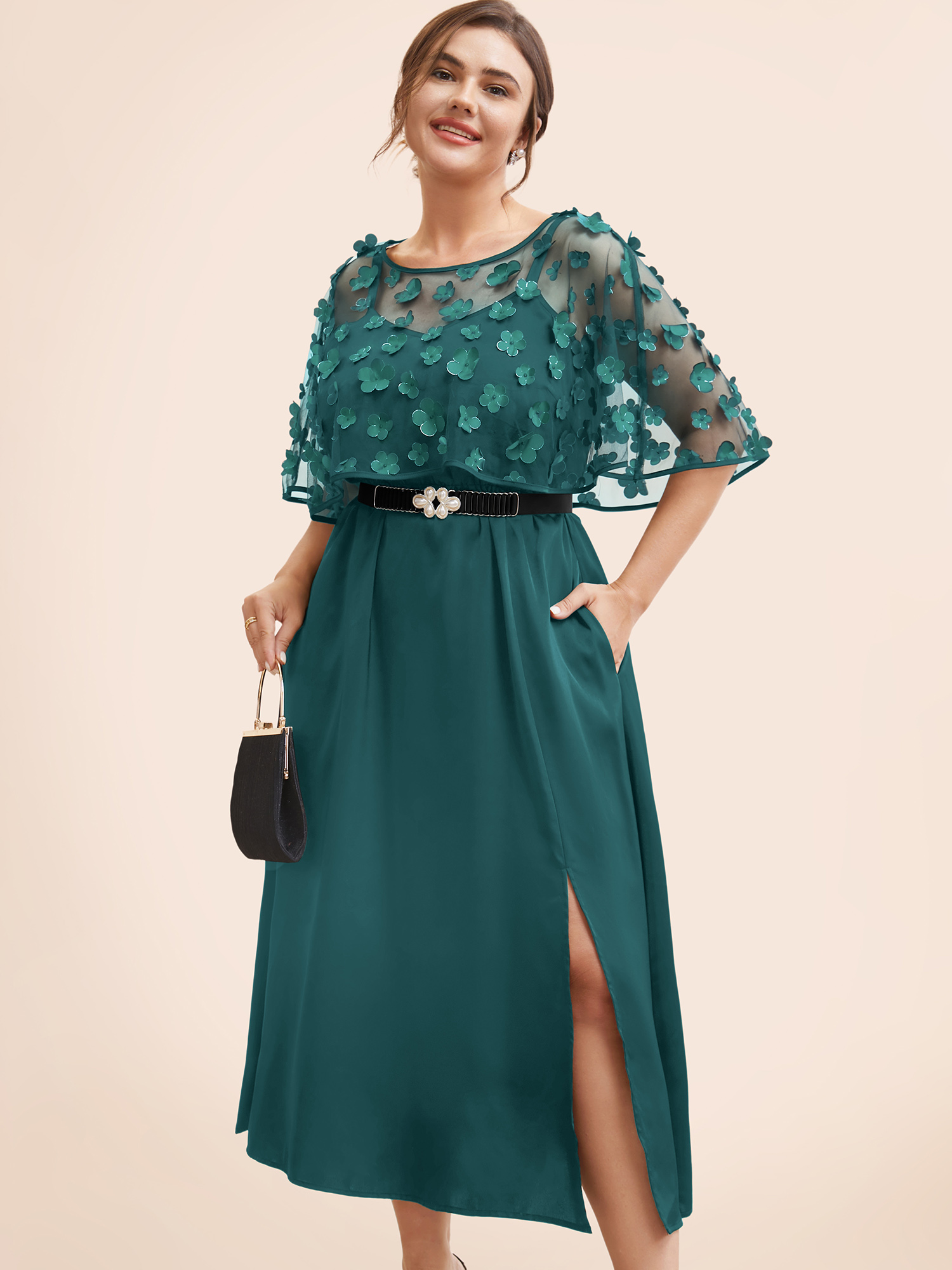 

Plus Size Two-Piece Appliques Mesh Shawl Split Hem Dress Teal Women Cocktail Texture Round Neck Short sleeve Curvy BloomChic