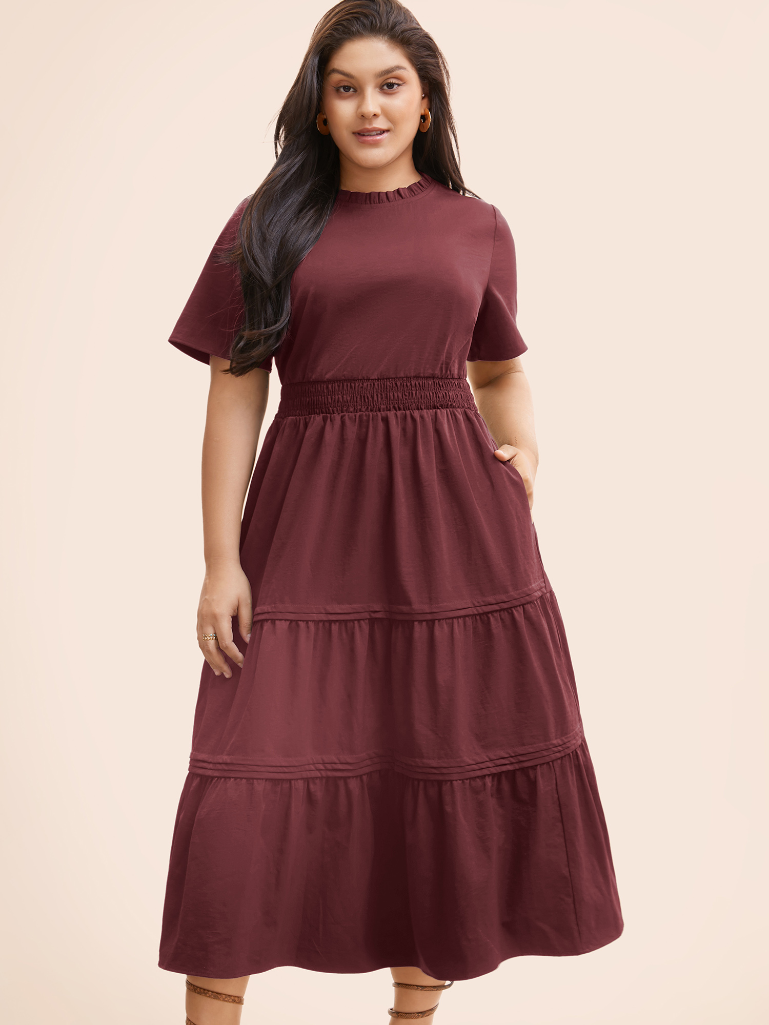 

Plus Size Plain Frill Trim Ruffle Layered Hem Dress Burgundy Women Resort Tucked seam Mock Neck Short sleeve Curvy BloomChic