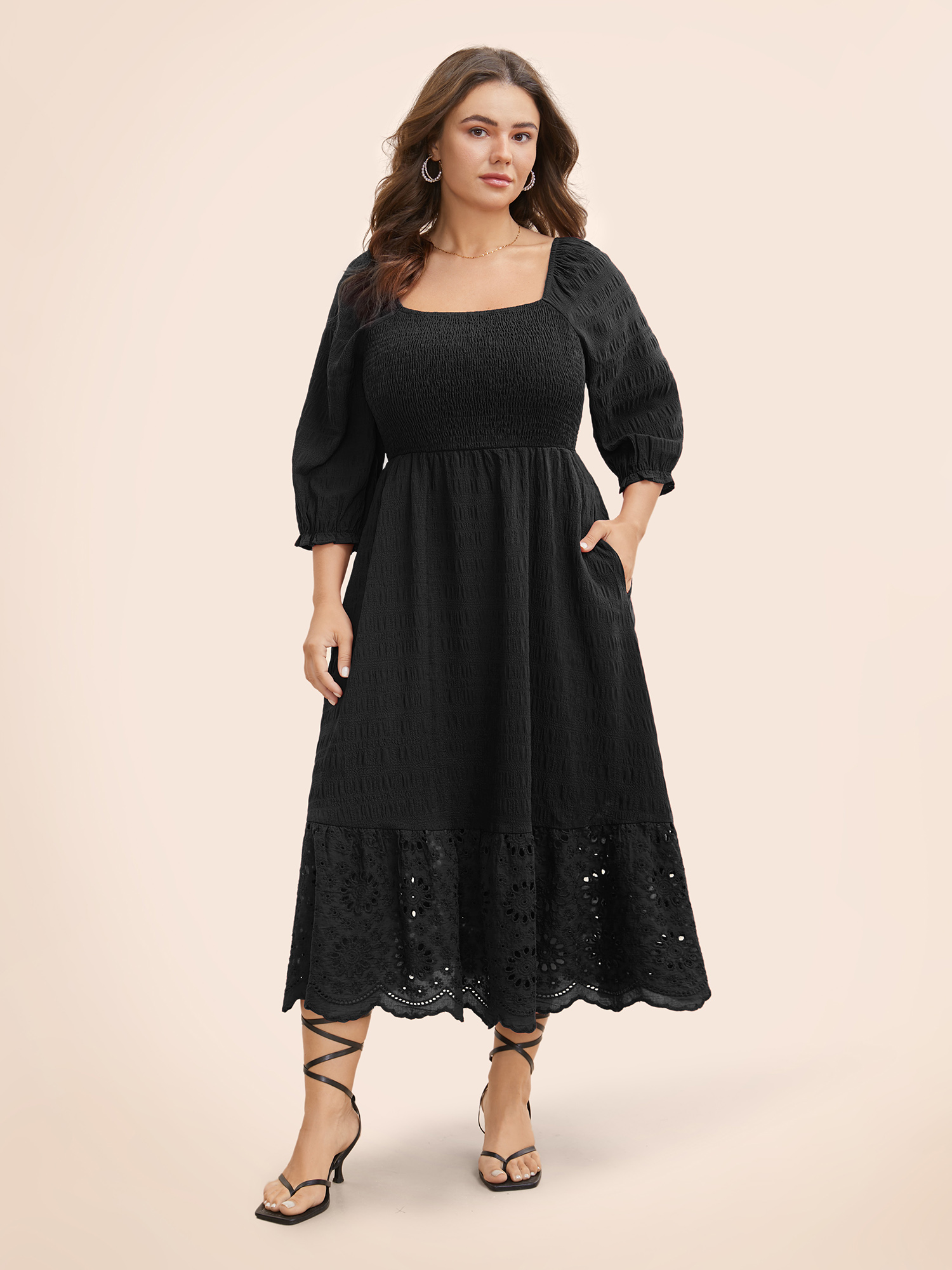 

Plus Size Square Neck Broderie Anglaise Patchwork Shirred Dress Black Women Elegant Woven ribbon&lace trim Square Neck Elbow-length sleeve Curvy BloomChic