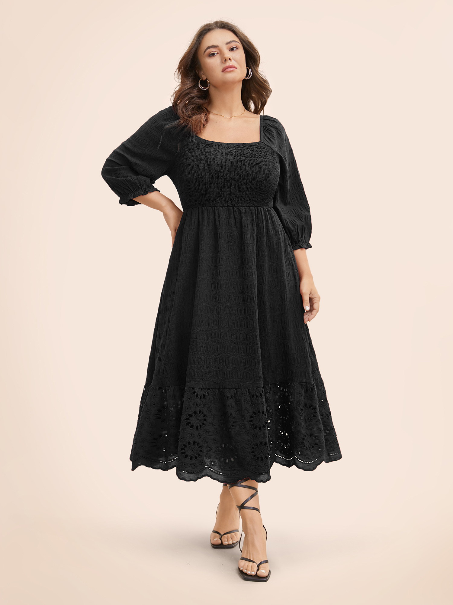 

Plus Size Square Neck Broderie Anglaise Patchwork Shirred Dress Black Women Elegant Woven ribbon&lace trim Square Neck Elbow-length sleeve Curvy BloomChic