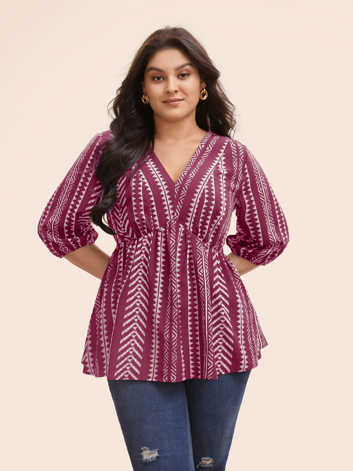 

Plus Size RedViolet Bandana Geometric Lantern Sleeve Gathered Blouse Women Resort Elbow-length sleeve V-neck Vacation Blouses BloomChic