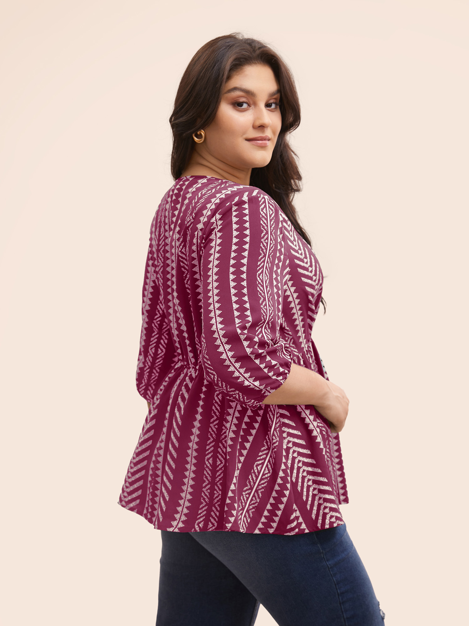 Plus Size RedViolet Bandana Geometric Lantern Sleeve Gathered Blouse Women Resort Elbow-length sleeve V-neck Vacation Blouses BloomChic 12/L 