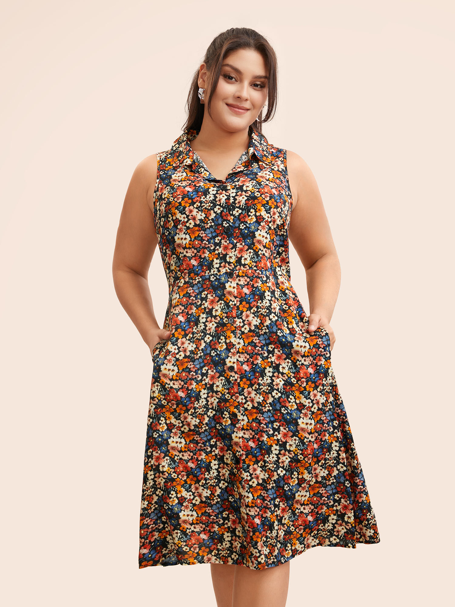 

Plus Size Shirt Collar Ditsy Floral Sleeveless Dress Multicolor Women Casual Button Shirt collar Sleeveless Curvy BloomChic