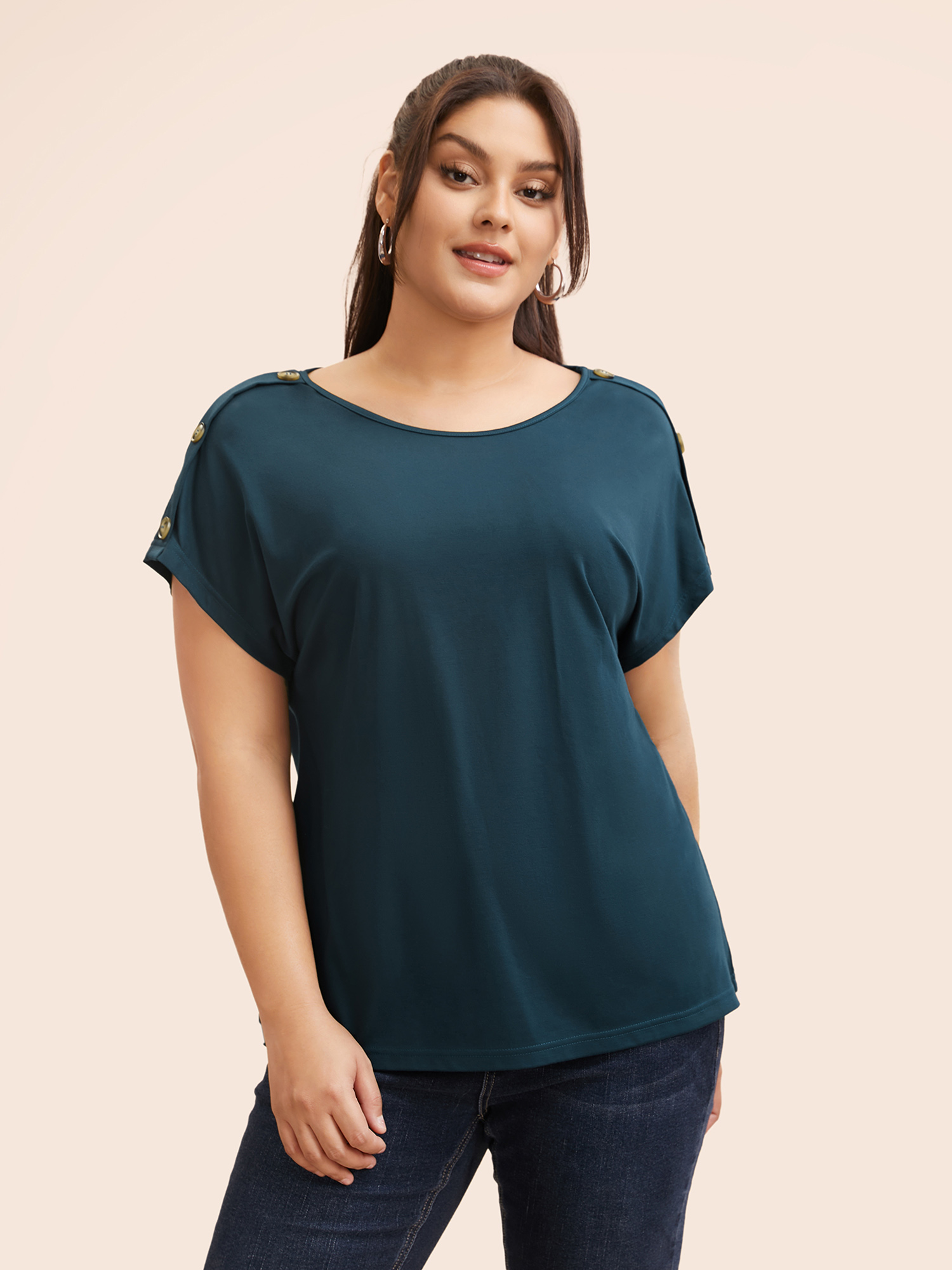 

Plus Size Crew Neck Button Detail Dolman Sleeve T-shirt Cyan Women Casual Button Round Neck Everyday T-shirts BloomChic