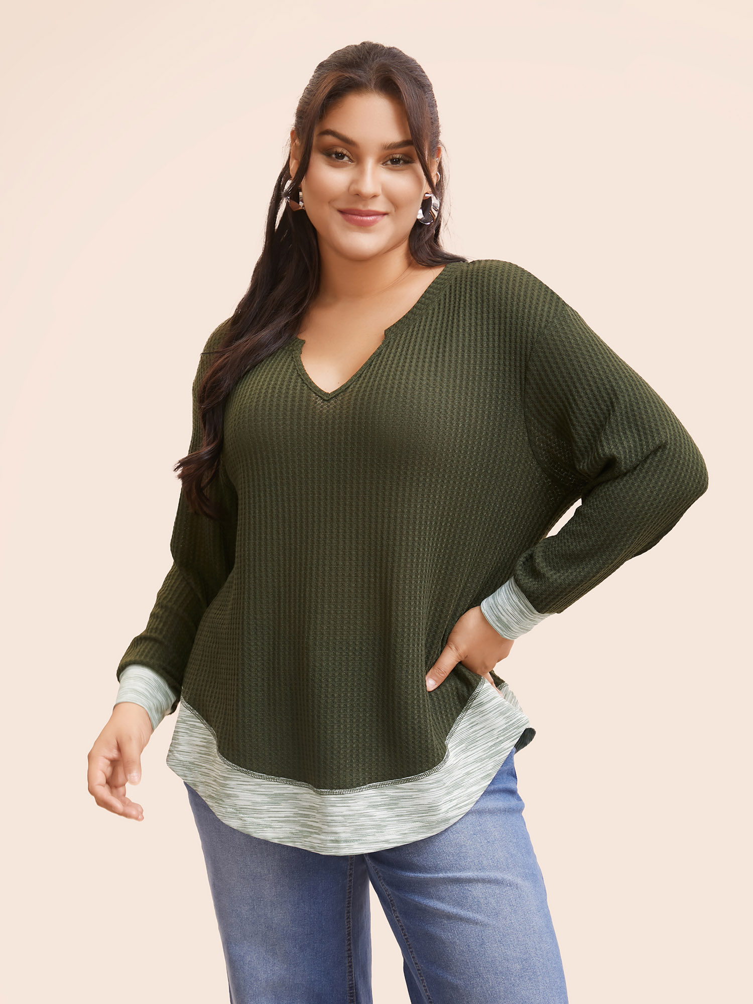 

Plus Size Notched Waffle Knit Patchwork Contrast T-shirt ArmyGreen Women Casual Texture Notched collar Loose Everyday T-shirts BloomChic