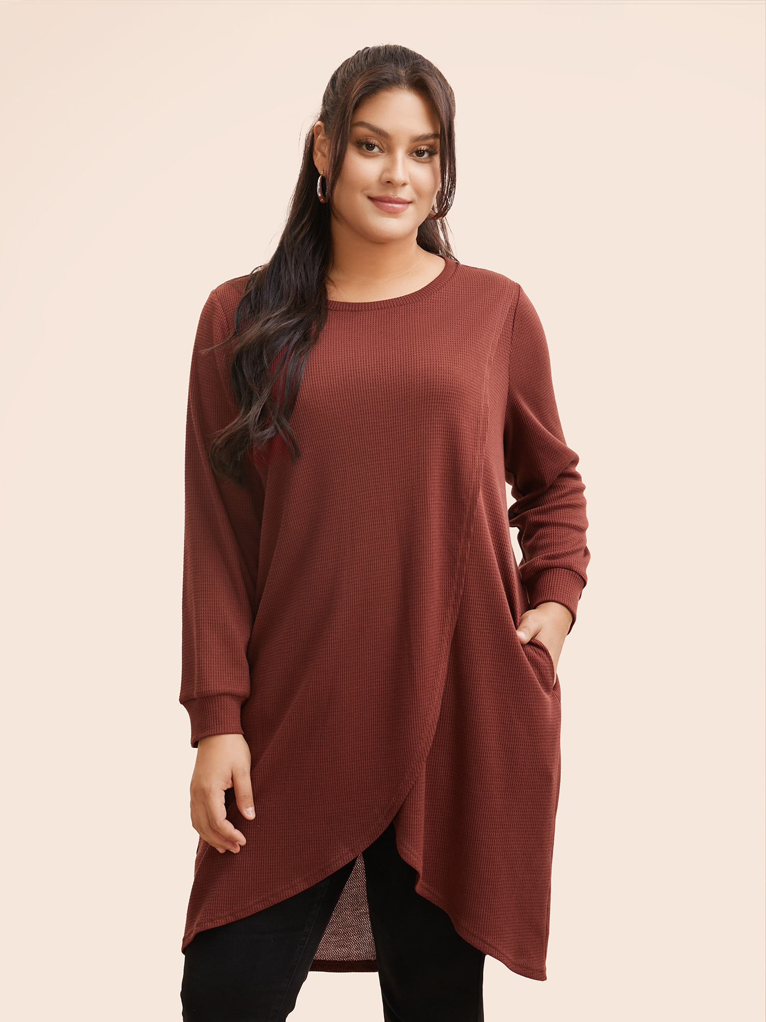 

Plus Size Solid Waffle Knit Overlap Hem T-shirt Rust Women Casual Overlapping Round Neck Everyday T-shirts BloomChic