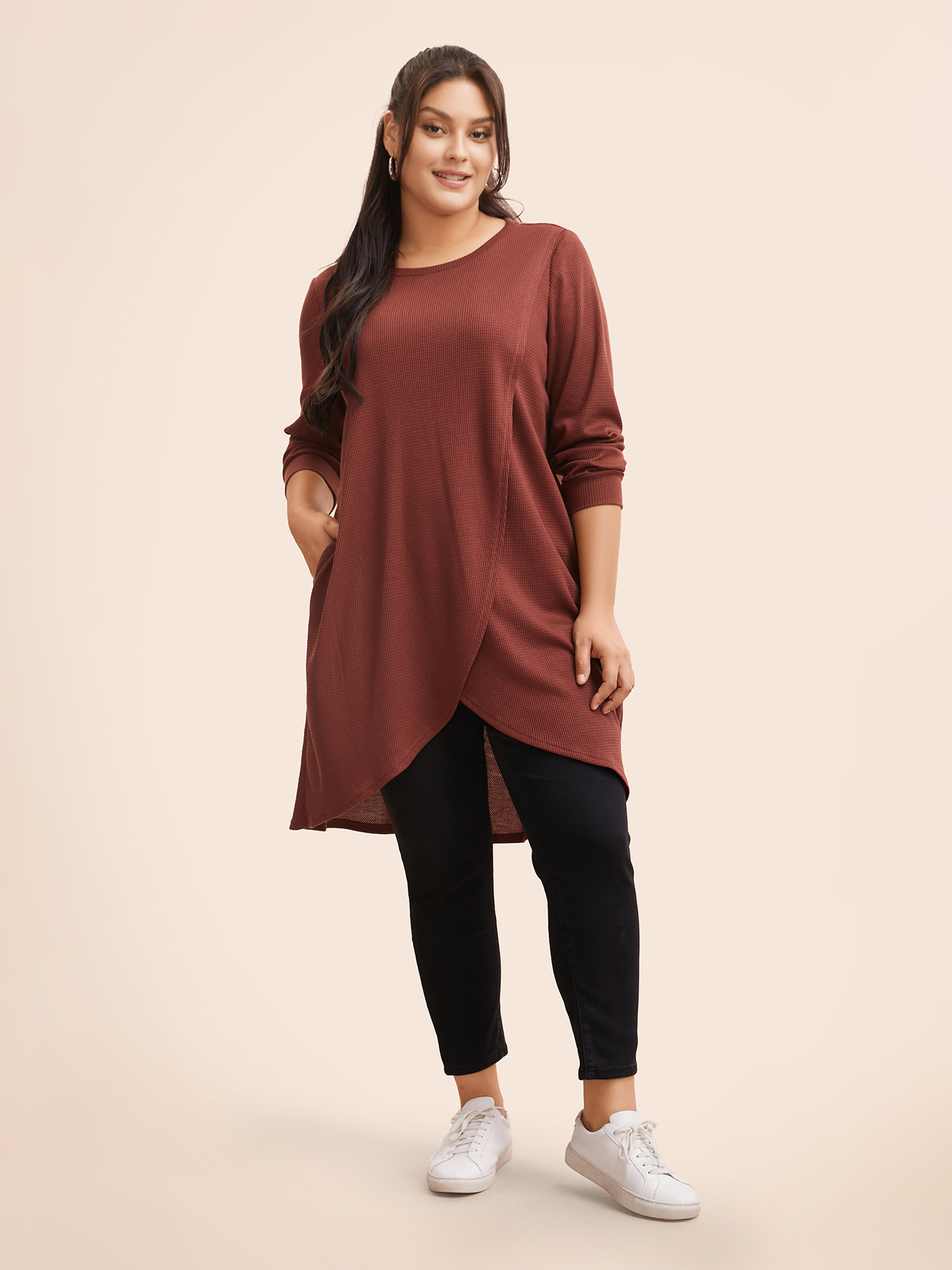 Plus Size Solid Waffle Knit Overlap Hem T-shirt Rust Women Casual Overlapping Round Neck Everyday T-shirts BloomChic 22-24/3X 