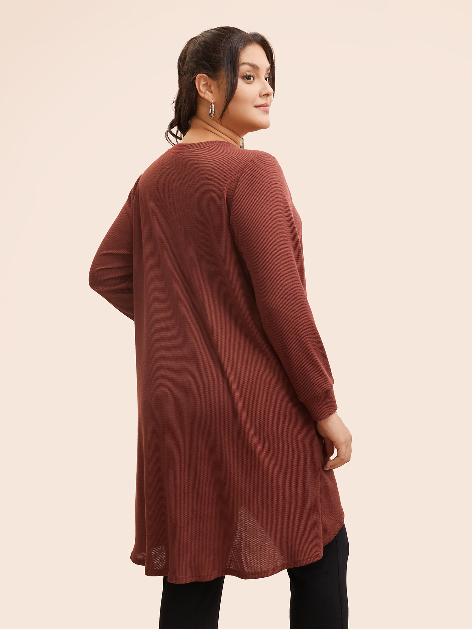 Plus Size Solid Waffle Knit Overlap Hem T-shirt Rust Women Casual Overlapping Round Neck Everyday T-shirts BloomChic 22-24/3X 