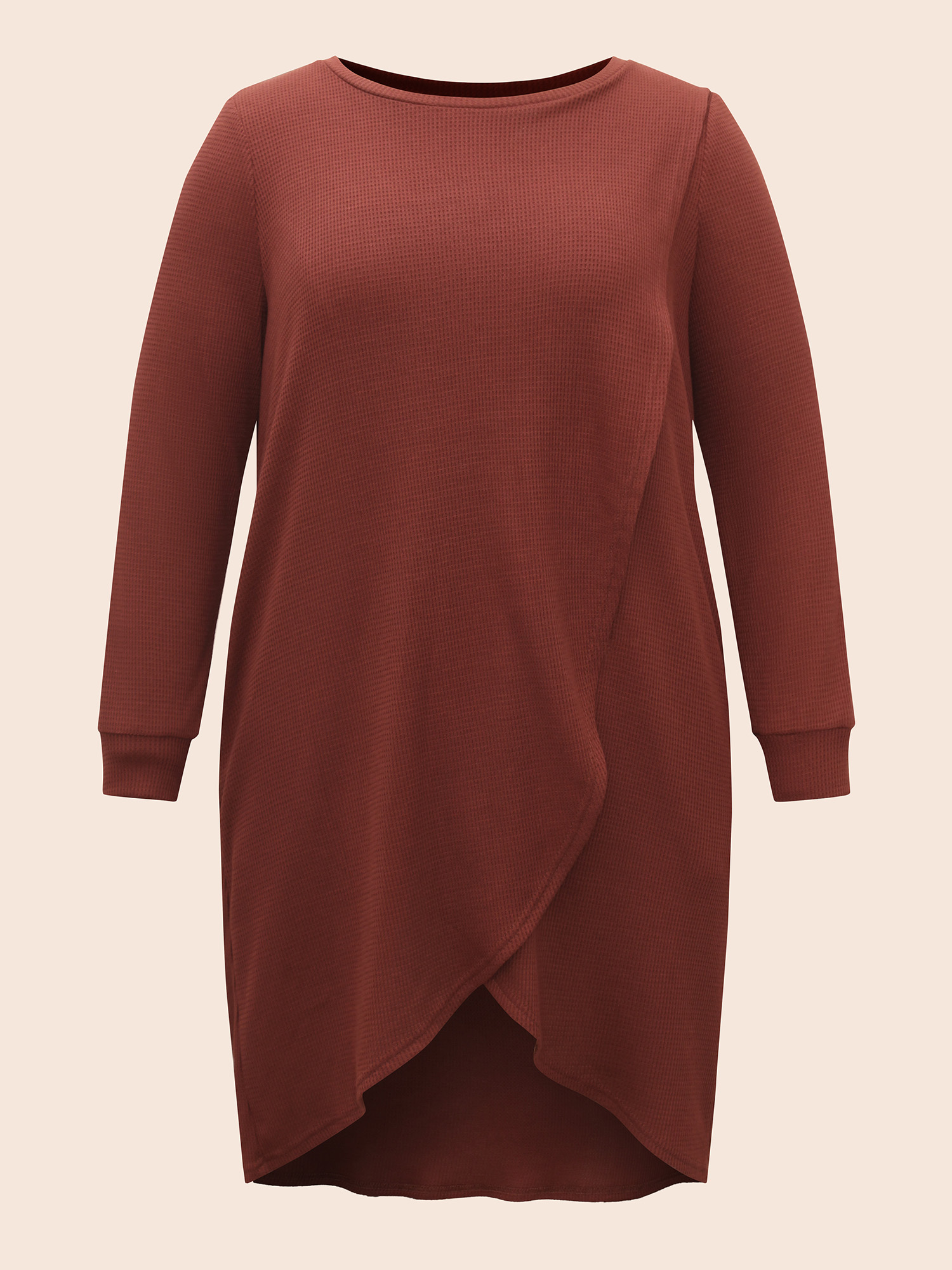Plus Size Solid Waffle Knit Overlap Hem T-shirt Rust Women Casual Overlapping Round Neck Everyday T-shirts BloomChic 22-24/3X 