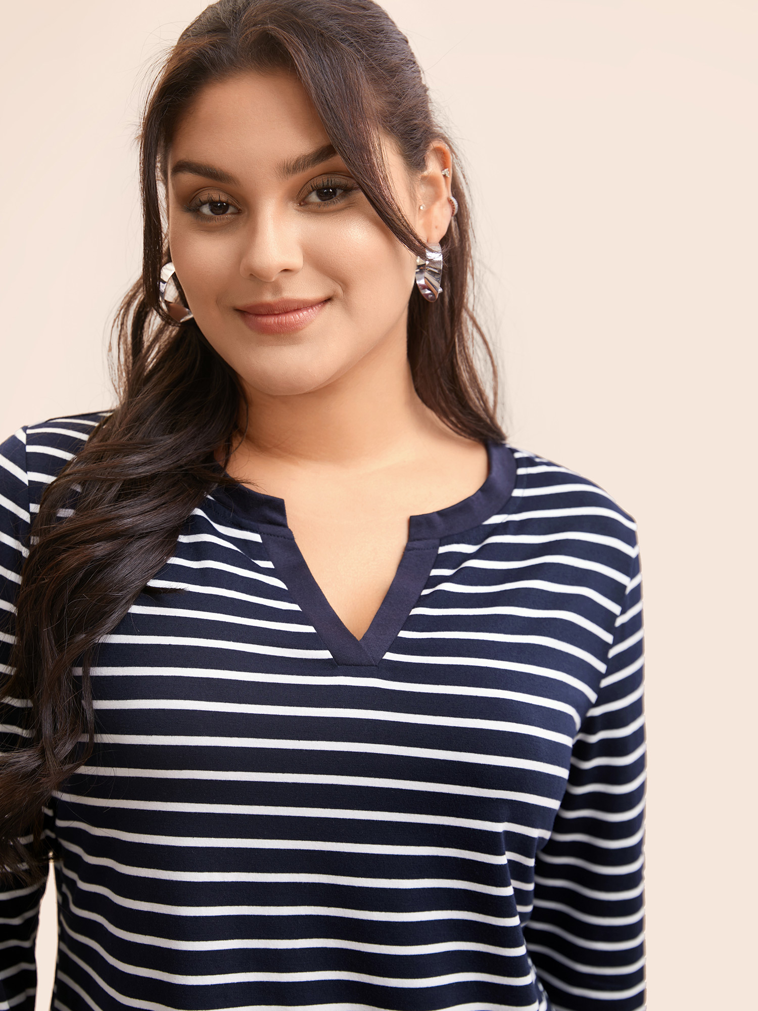 

Plus Size Striped Notched Patchwork Stretch T-shirt Midnight Women Casual Contrast Flat collar with V-notch Everyday T-shirts BloomChic