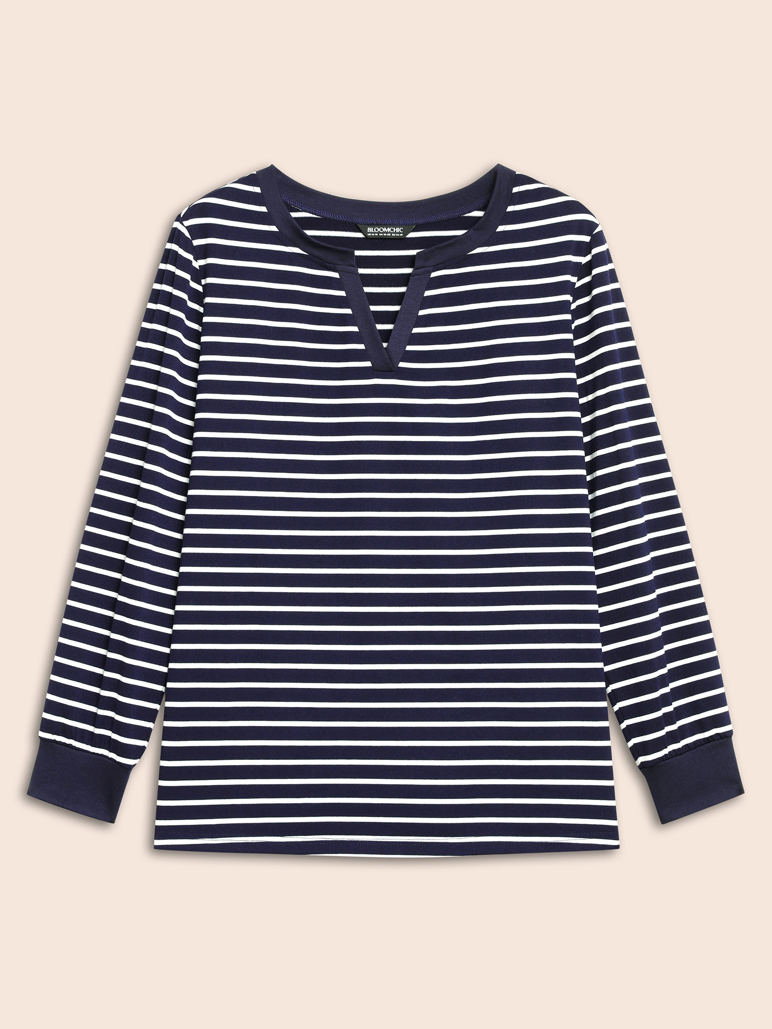 

Plus Size Striped Notched Patchwork Stretch T-shirt Midnight Women Casual Contrast Flat collar with V-notch Everyday T-shirts BloomChic