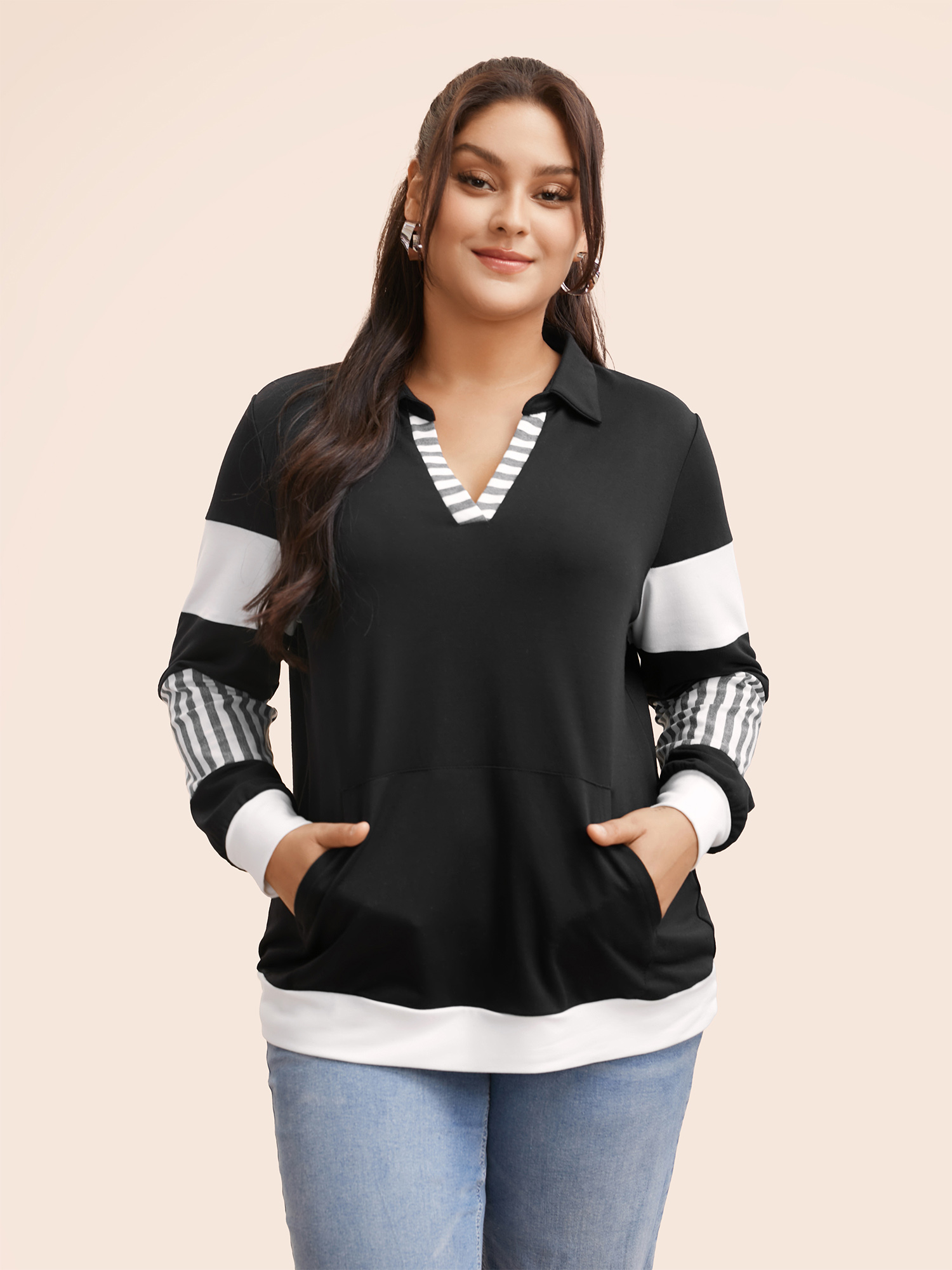 

Plus Size Polo Neck Striped Contrast Patchwork Sweatshirt Women Black Casual Contrast Polo Everyday Sweatshirts BloomChic