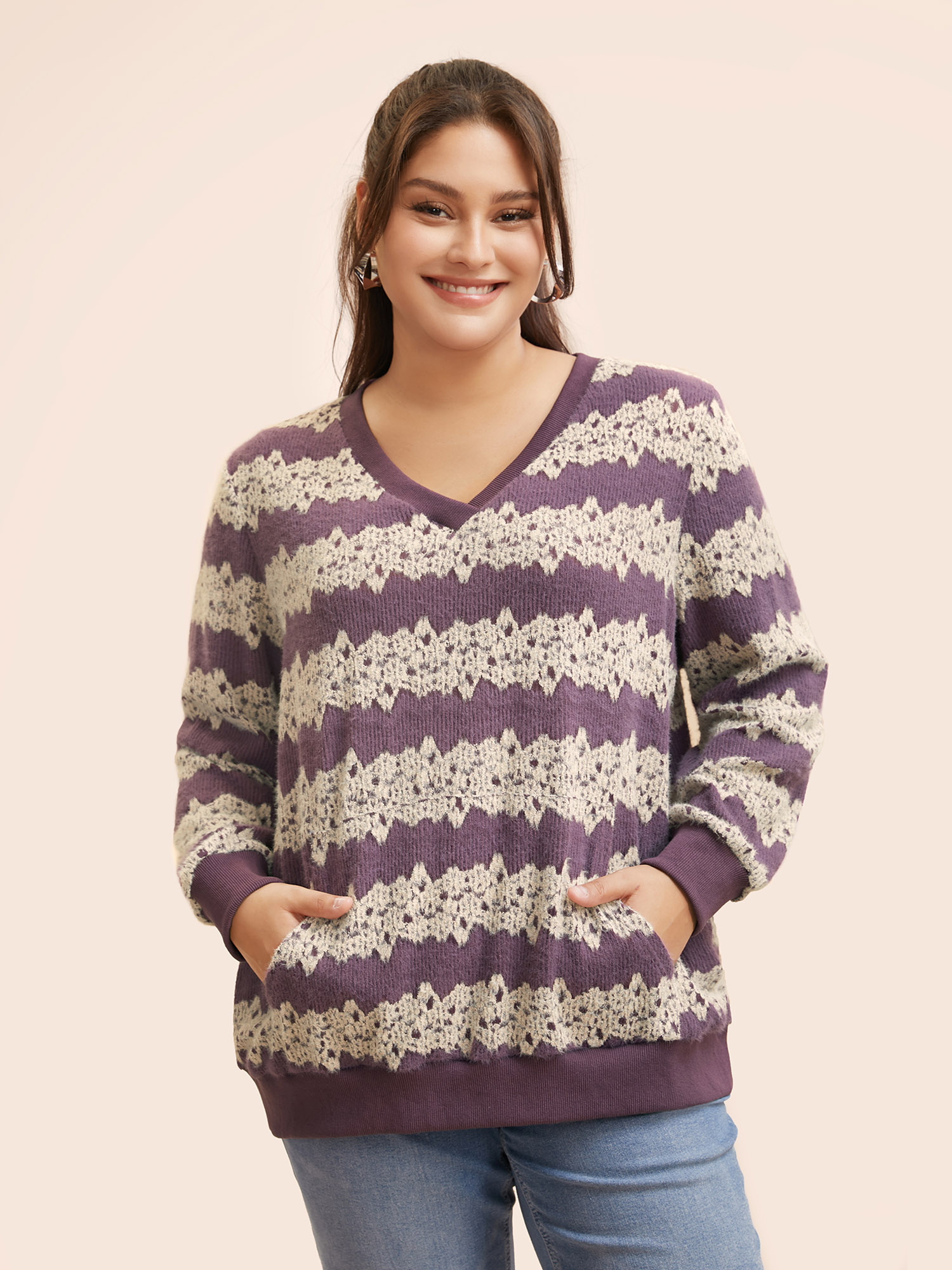 

Plus Size Striped Patchwork Contrast Texture Sweatshirt Women Mauve Casual Texture Loose V-neck Everyday Sweatshirts BloomChic