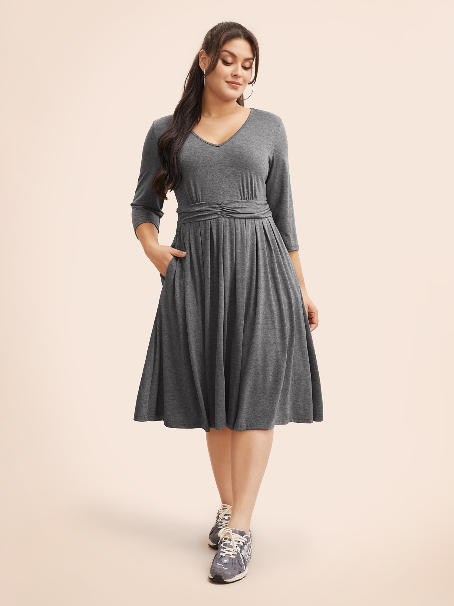 

Plus Size V Neck Elastic Waist Ruched Dress DimGray Women Casual Gathered V-neck Elbow-length sleeve Curvy BloomChic