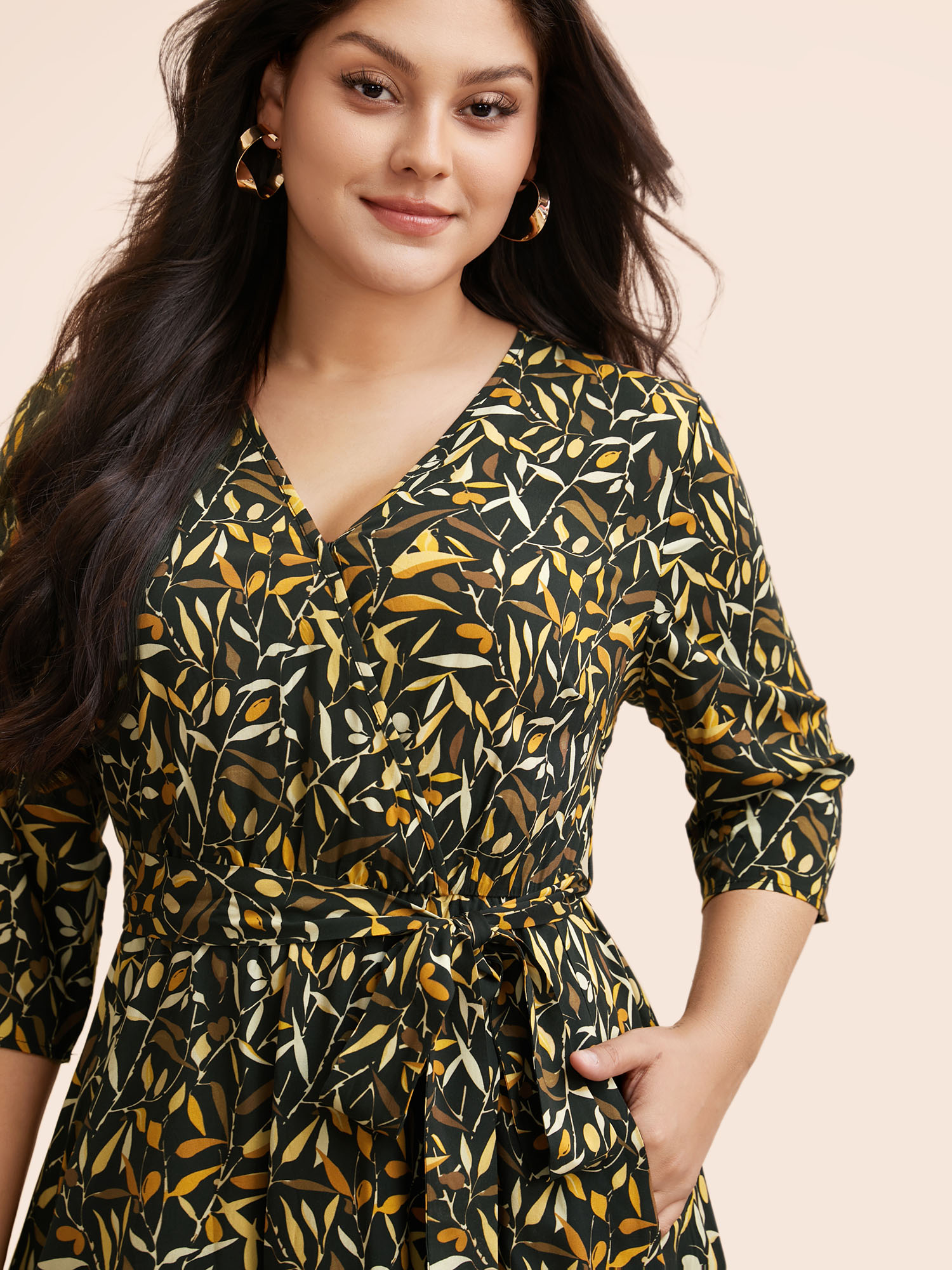 

Plus Size Plants Print Overlap Collar Midi Dress Black Women Elegant Belted Overlap Collar Elbow-length sleeve Curvy BloomChic