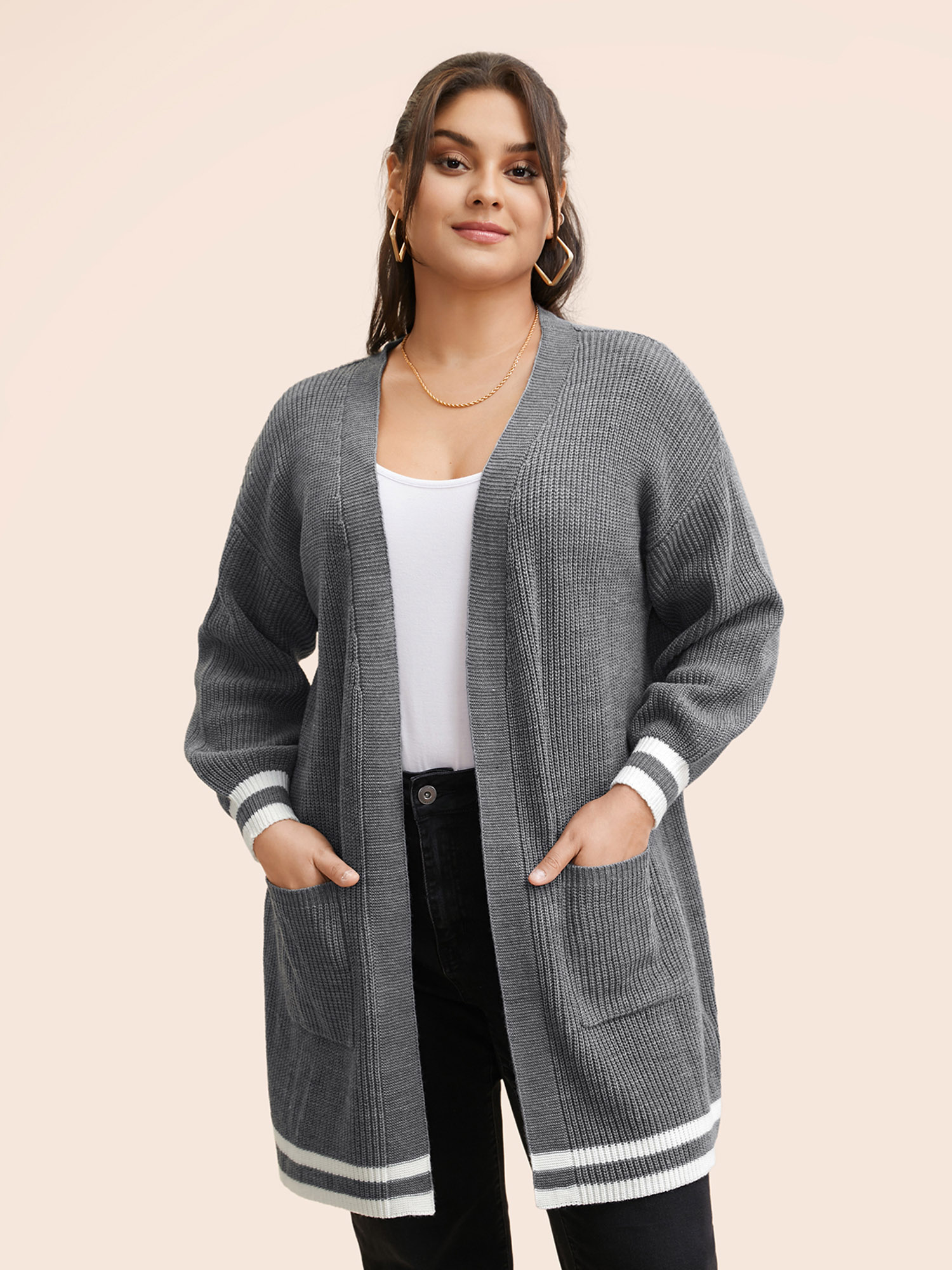 

Plus Size Texture Striped Patchwork Patched Pocket Cardigan DarkGray Women Casual Loose Long Sleeve Everyday Cardigans BloomChic