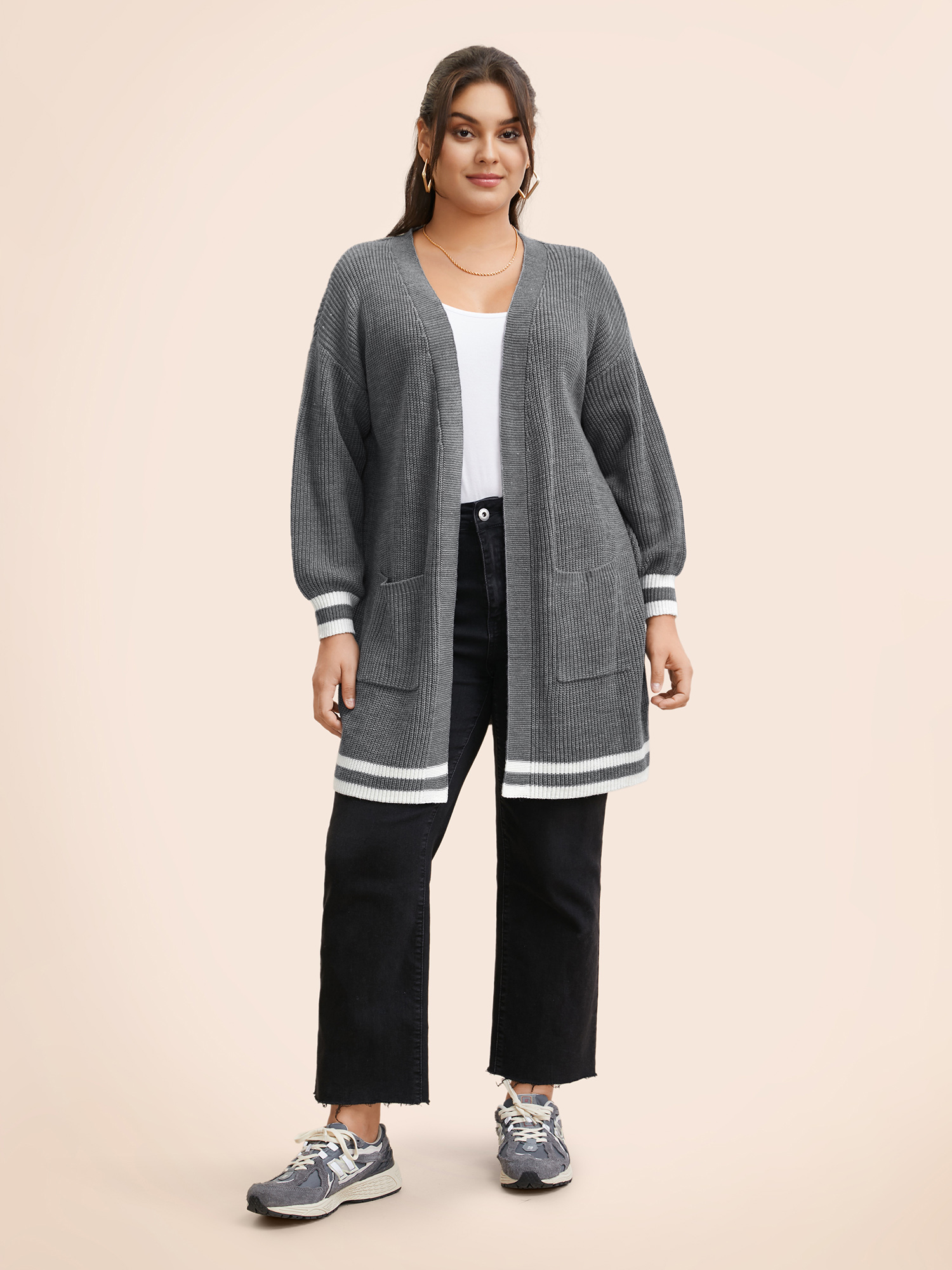 Plus Size Texture Striped Patchwork Patched Pocket Cardigan DarkGray Women Casual Loose Long Sleeve Everyday Cardigans BloomChic 26/4X 