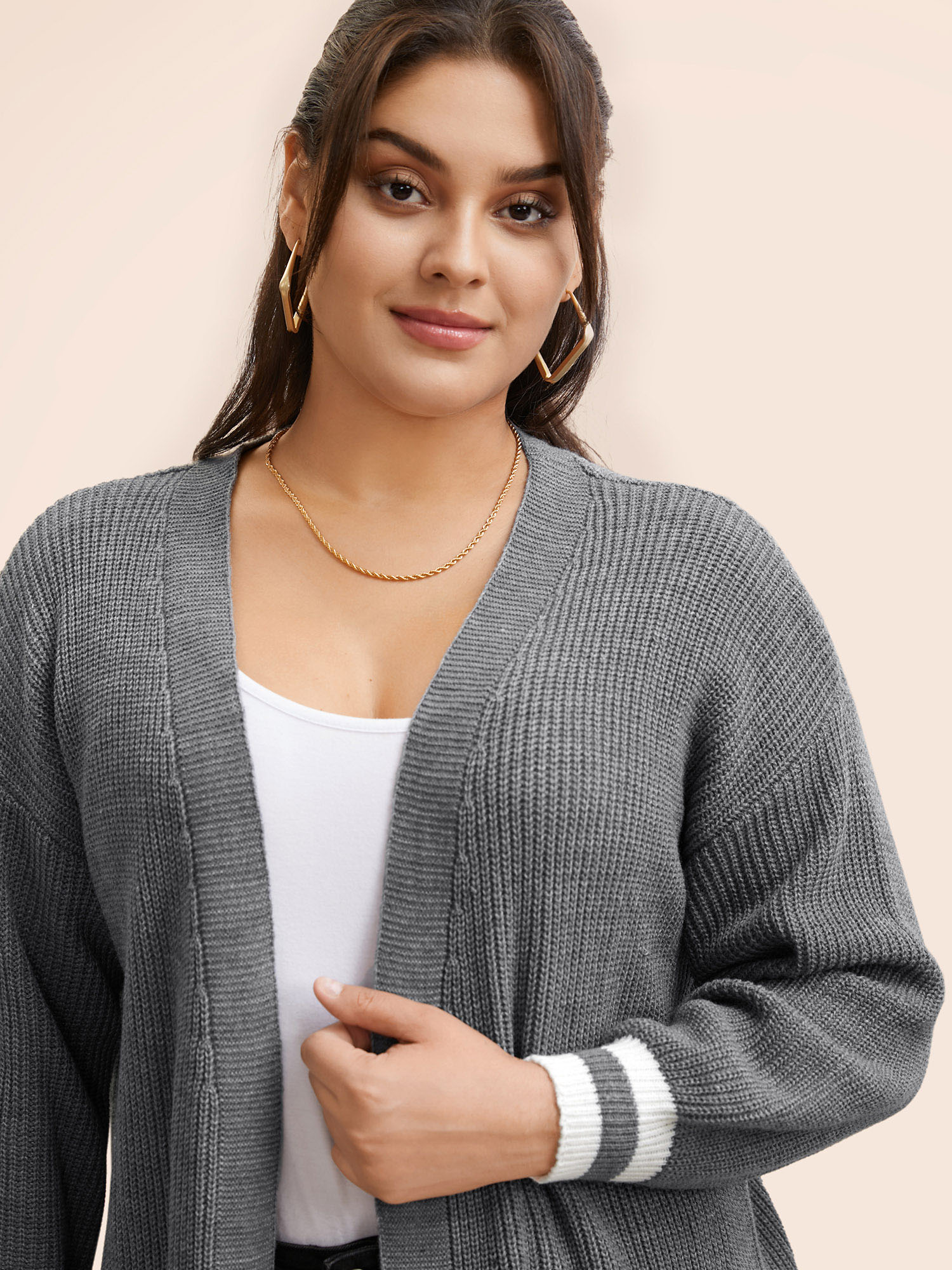 Plus Size Texture Striped Patchwork Patched Pocket Cardigan DarkGray Women Casual Loose Long Sleeve Everyday Cardigans BloomChic 26/4X 