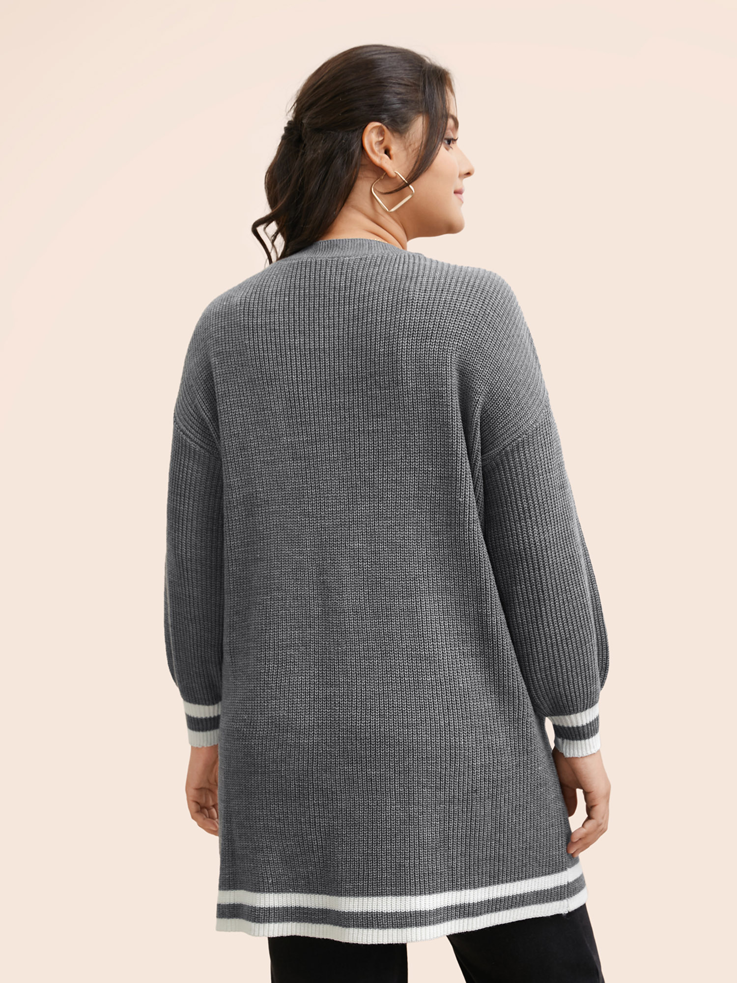 Plus Size Texture Striped Patchwork Patched Pocket Cardigan DarkGray Women Casual Loose Long Sleeve Everyday Cardigans BloomChic 26/4X 