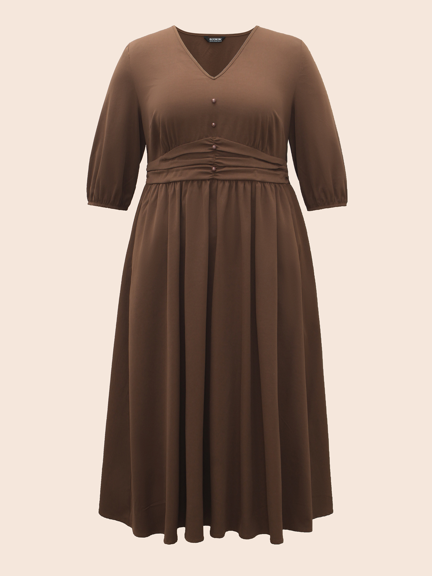 

Plus Size V Neck Shirred Ruched Midi Dress DarkBrown Women Elegant Gathered V-neck Elbow-length sleeve Curvy BloomChic