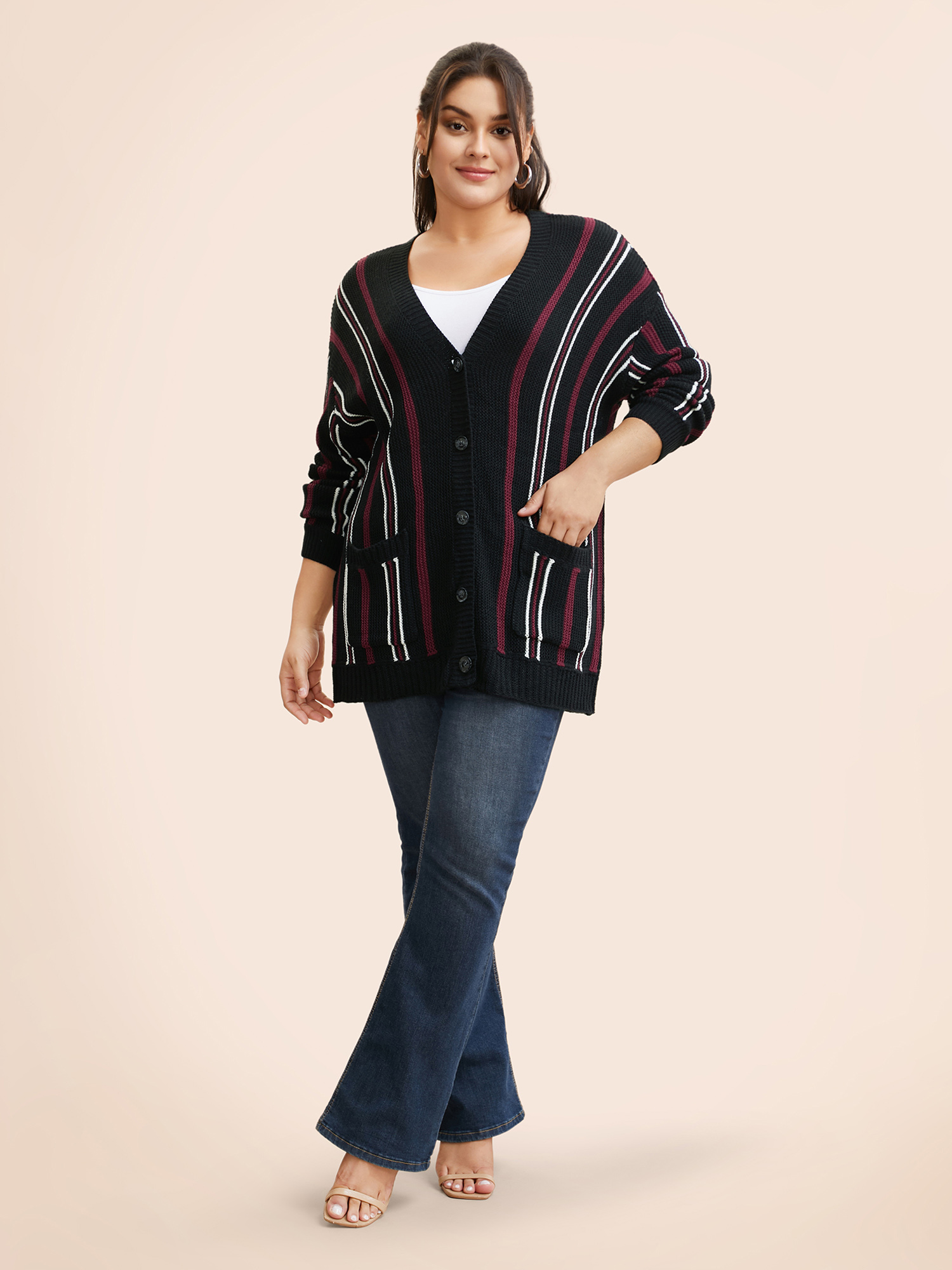 

Plus Size Striped Patched Pocket Drop Shoulder Cardigan Black Women Casual Long Sleeve Everyday Cardigans BloomChic