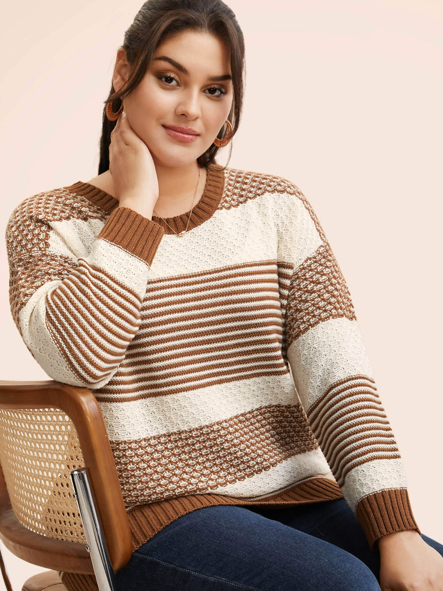 

Plus Size Round Neck Striped Patchwork Texture Pullover LightBrown Women Casual Long Sleeve Round Neck Everyday Pullovers BloomChic