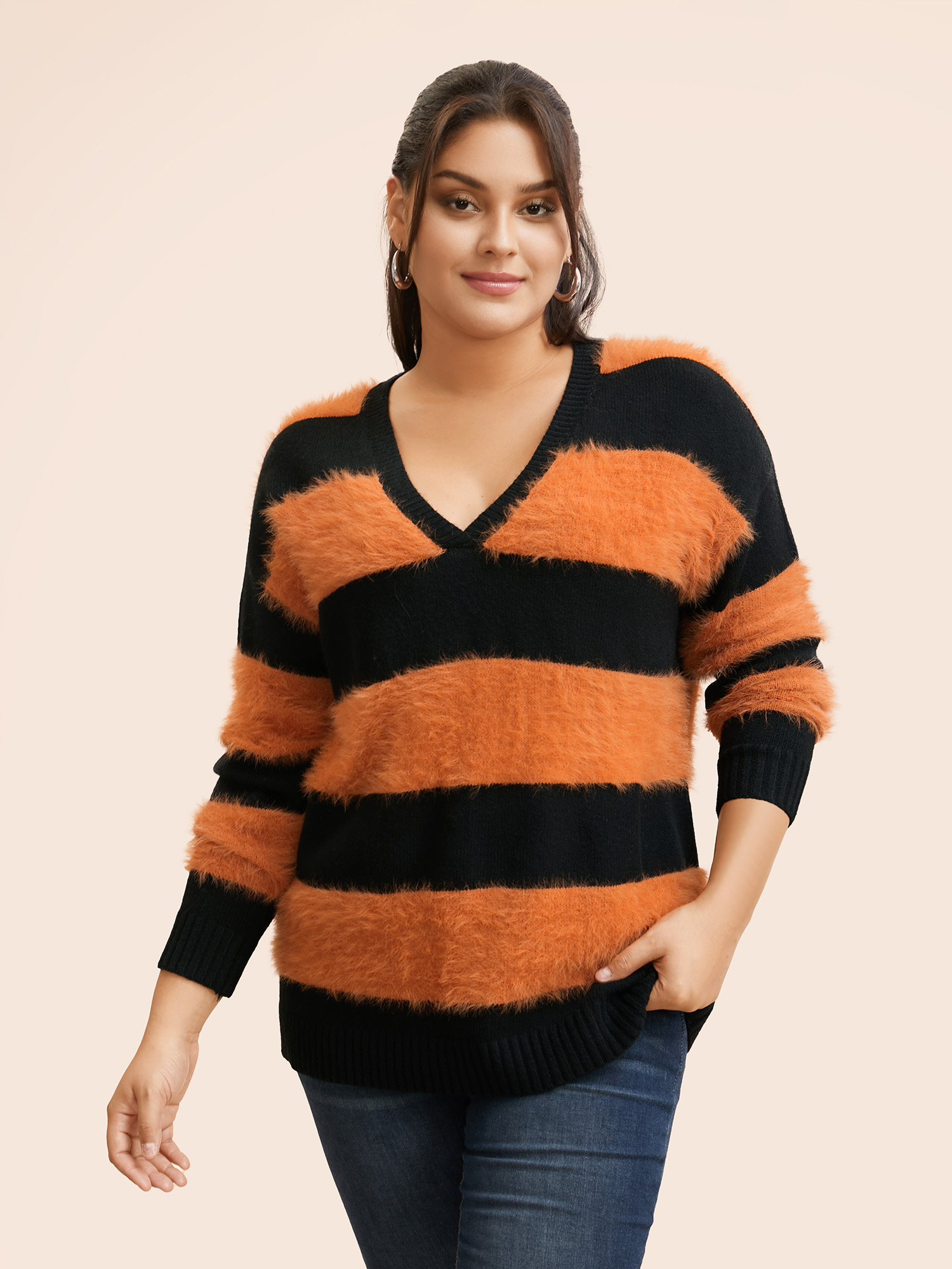 

Plus Size Texture Contrast V Neck Pullover Brightorange Women Casual Long Sleeve V-neck Everyday Pullovers BloomChic