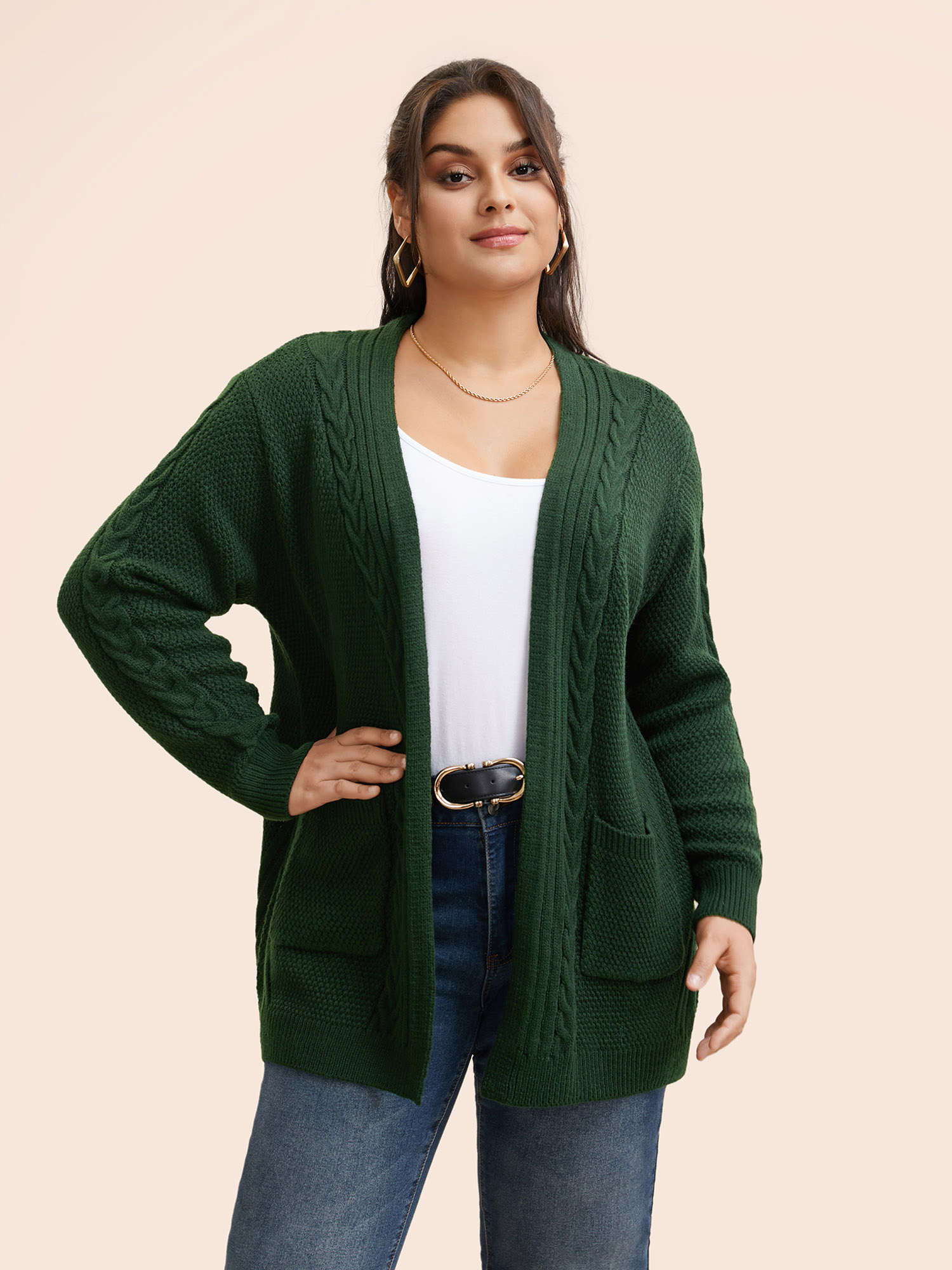 

Plus Size Texture Cable Knit Patch Pocket Cardigan DarkGreen Women Casual Loose Long Sleeve Everyday Cardigans BloomChic