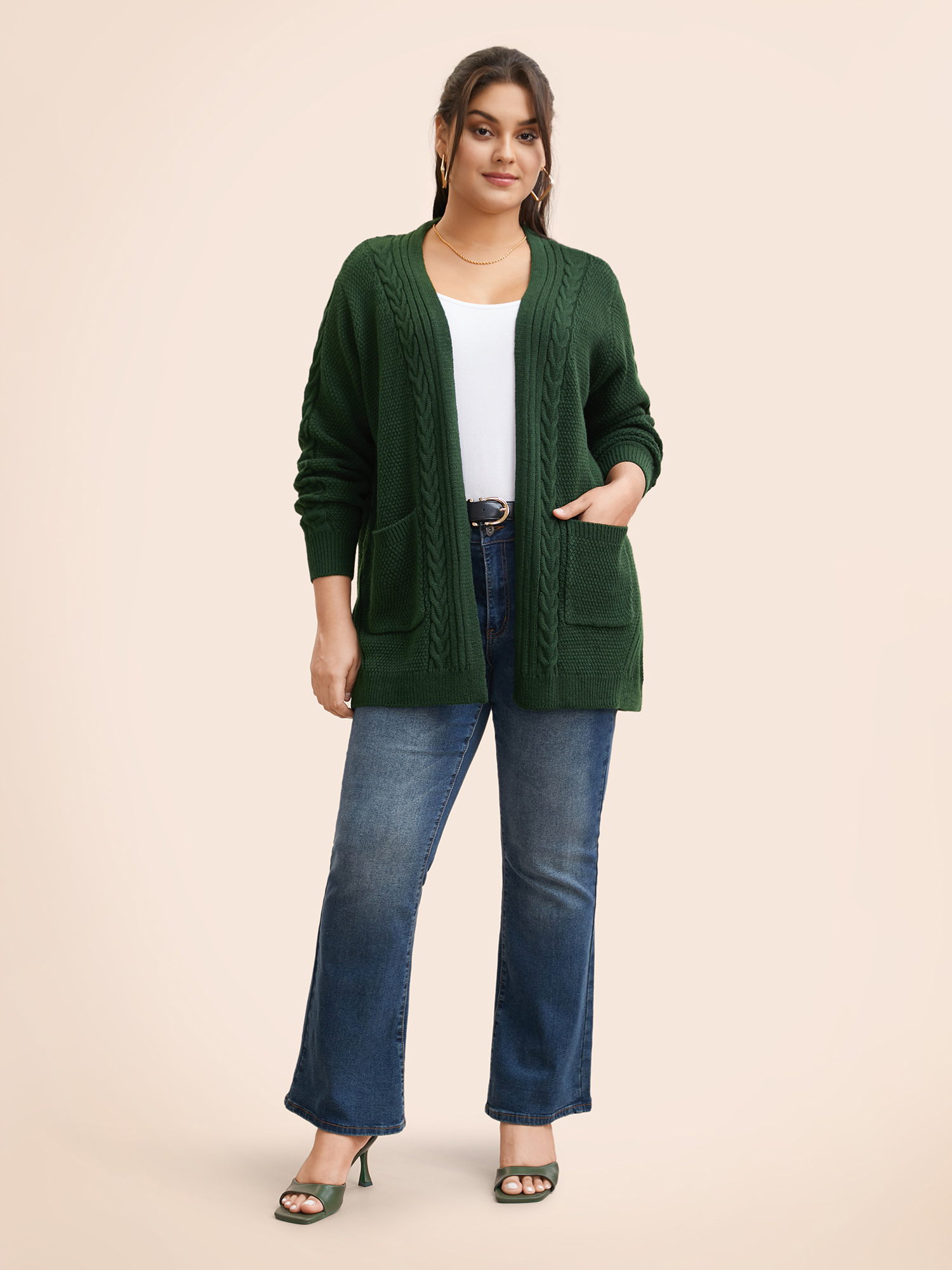 

Plus Size Texture Cable Knit Patch Pocket Cardigan DarkGreen Women Casual Loose Long Sleeve Everyday Cardigans BloomChic