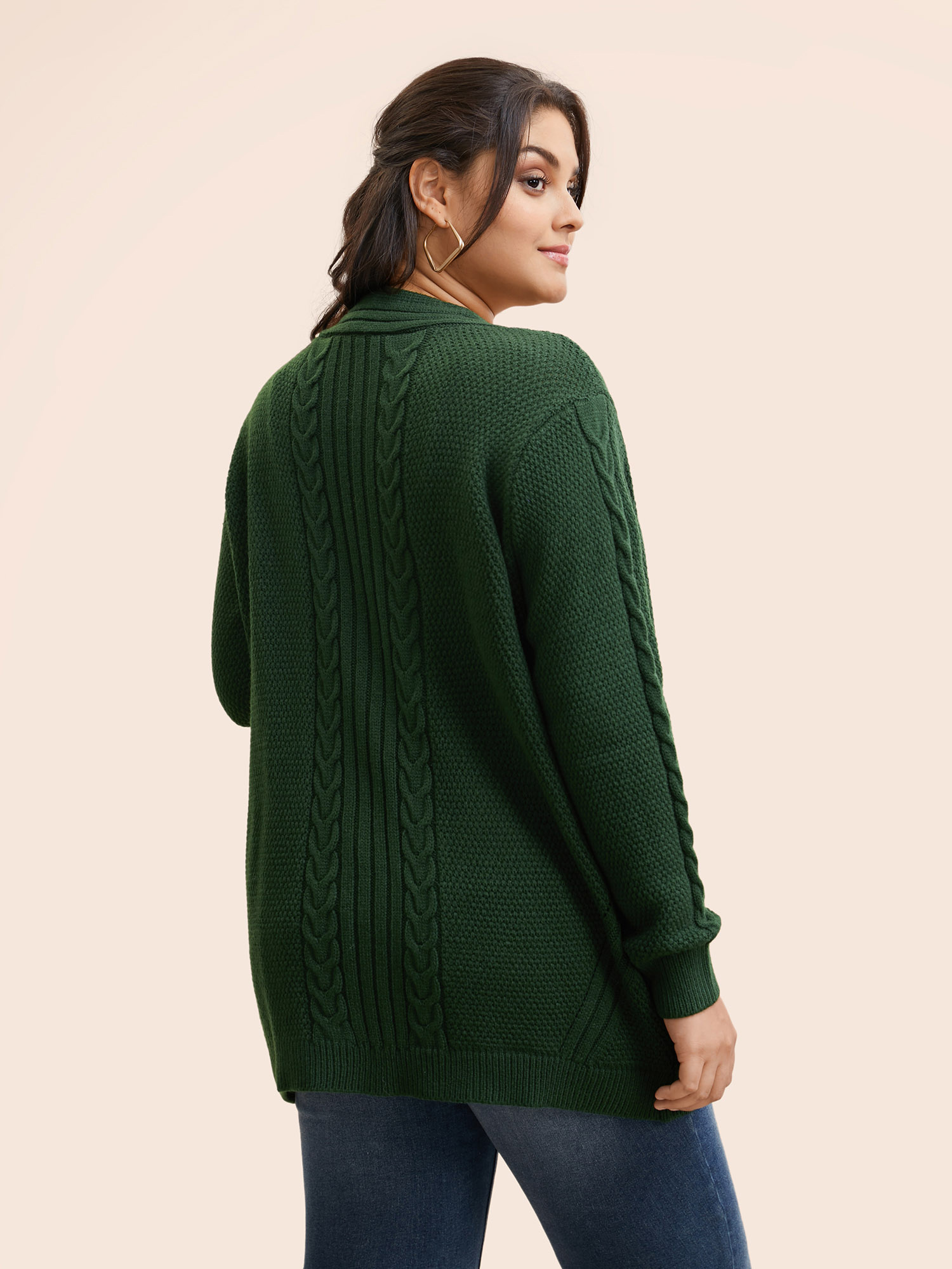 Plus Size Texture Cable Knit Patch Pocket Cardigan DarkGreen Women Casual Loose Long Sleeve Everyday Cardigans BloomChic 14-16/1X 