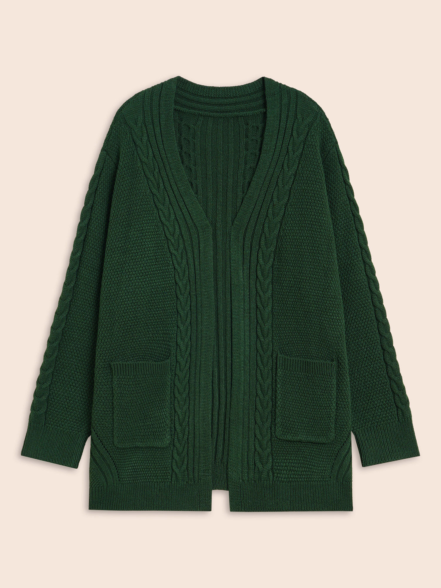 Plus Size Texture Cable Knit Patch Pocket Cardigan DarkGreen Women Casual Loose Long Sleeve Everyday Cardigans BloomChic 14-16/1X 