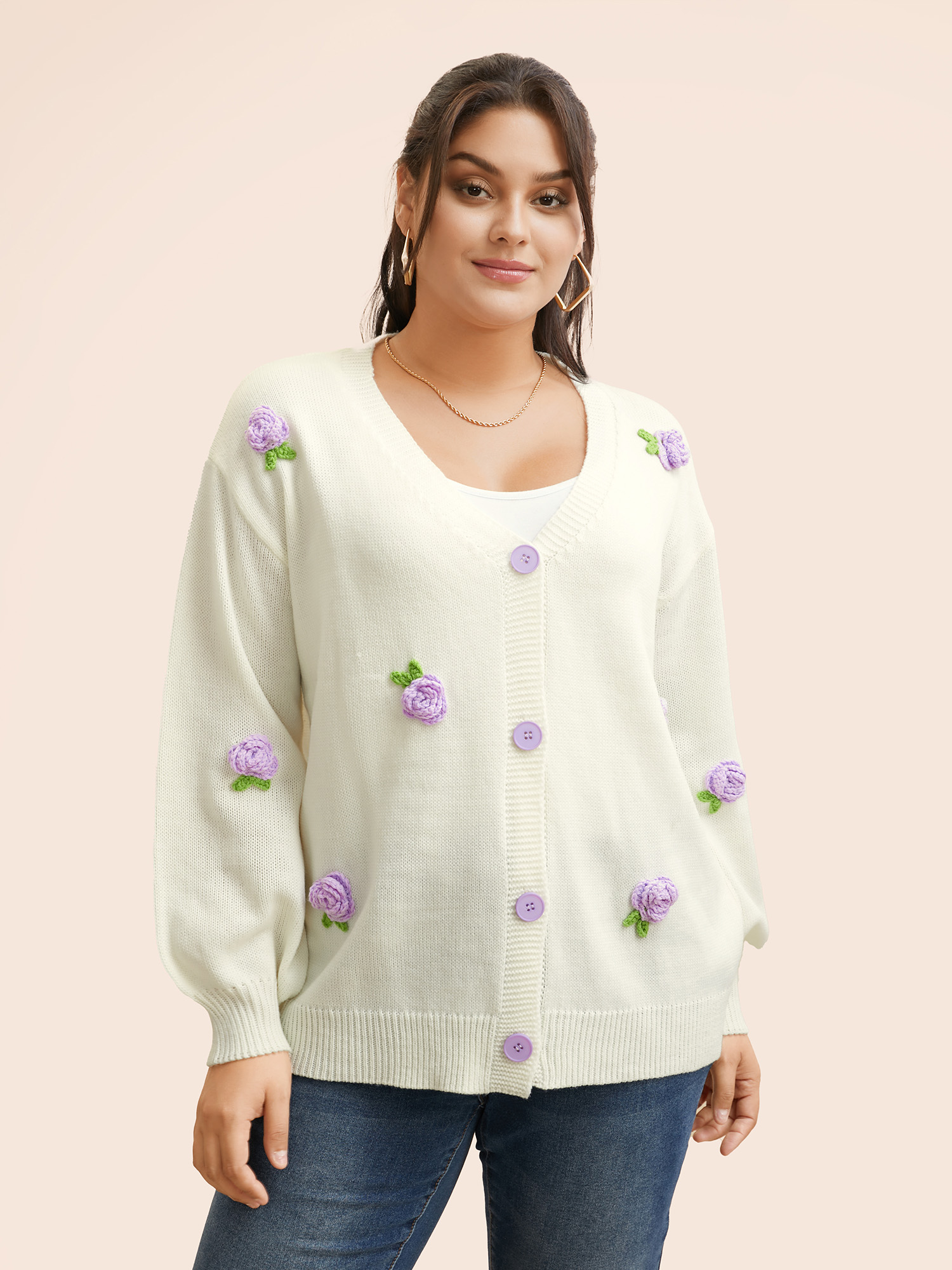 

Plus Size Crochet Floral Contrast Button Up Cardigan Ivory Women Casual Loose Long Sleeve Everyday Cardigans BloomChic