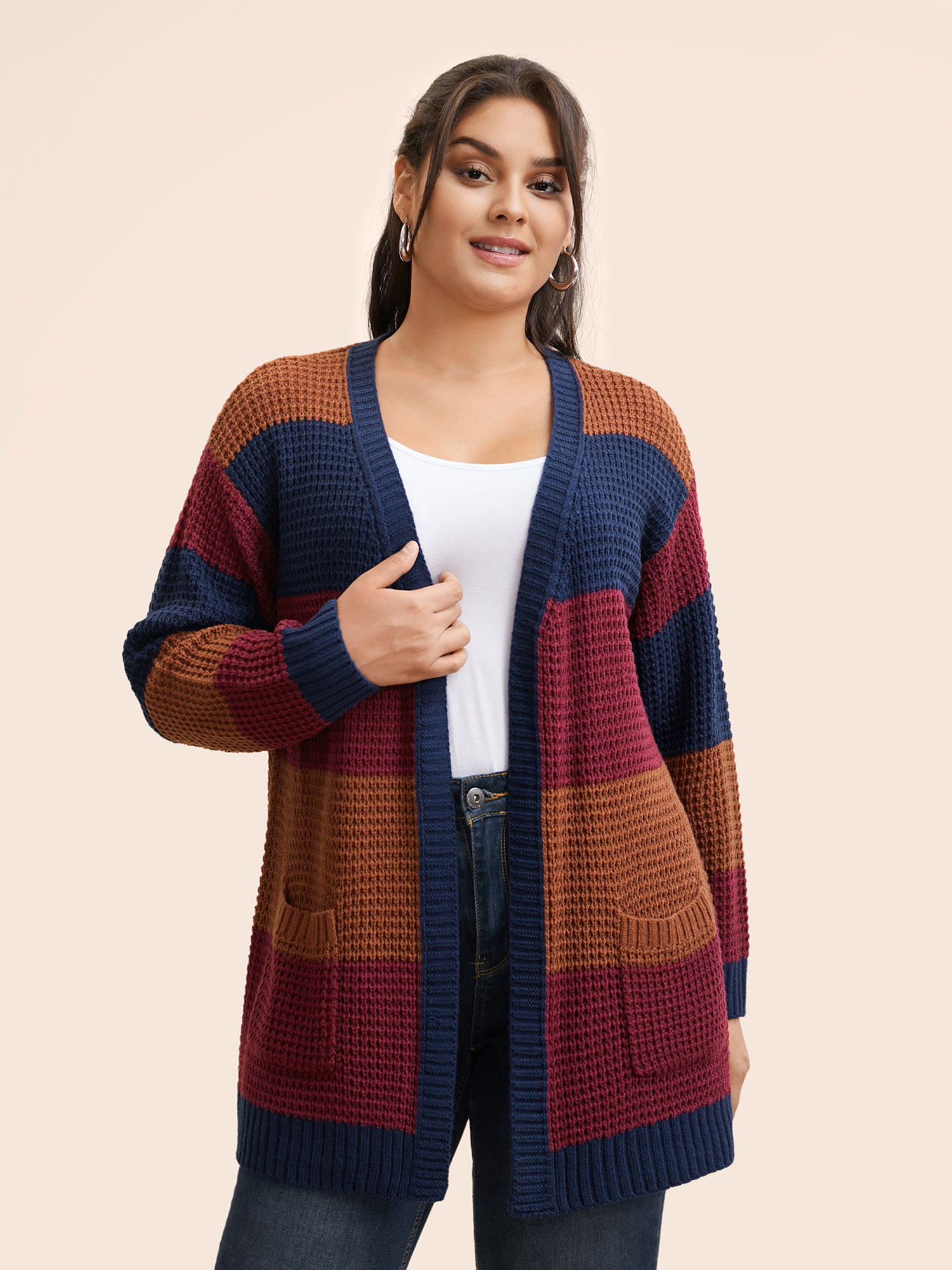 

Plus Size Colorblock Contrast Patch Pocket Cardigan Multicolor Women Casual Loose Long Sleeve Everyday Cardigans BloomChic