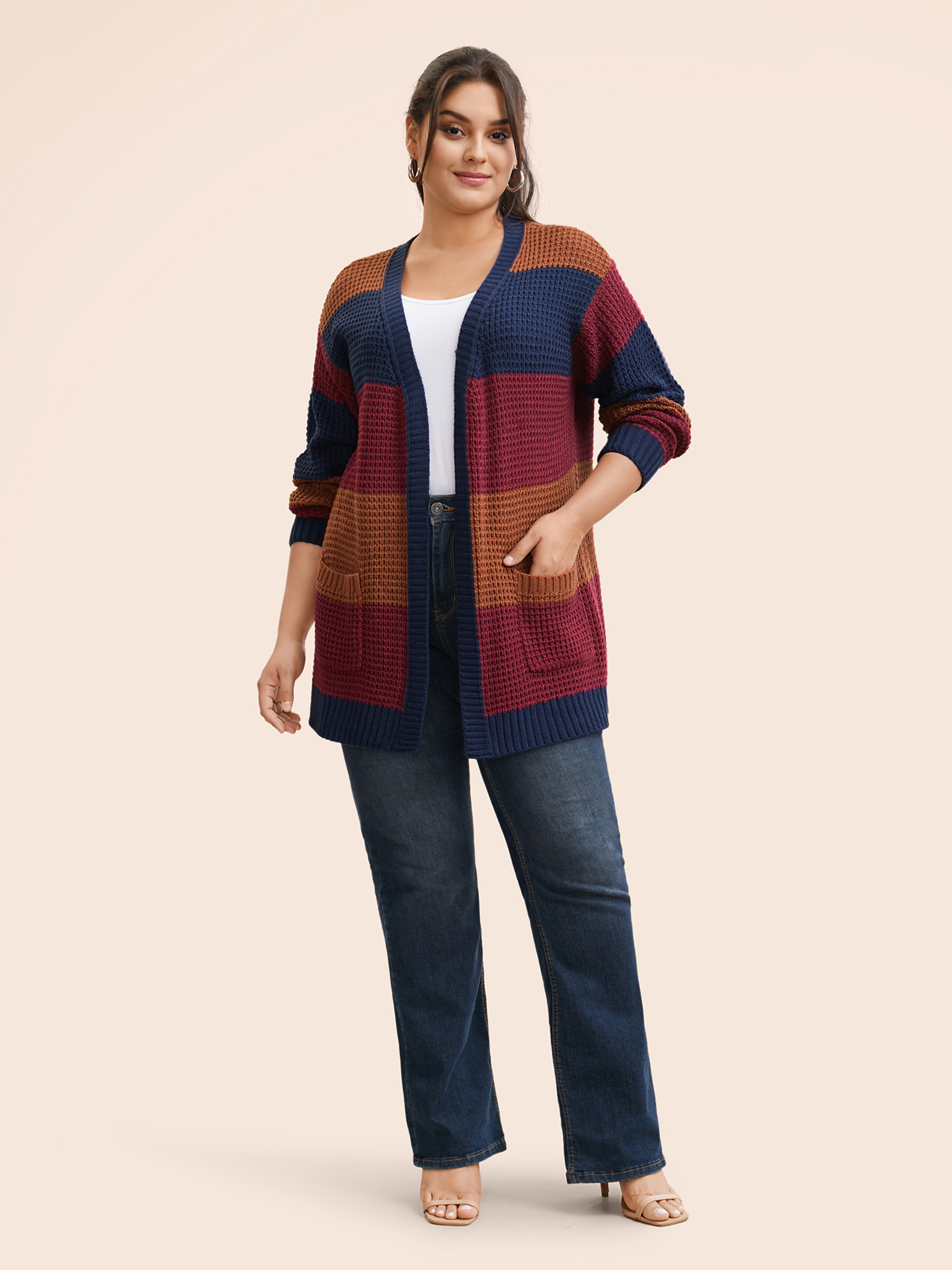 Plus Size Colorblock Contrast Patch Pocket Cardigan Multicolor Women Casual Loose Long Sleeve Everyday Cardigans BloomChic 30/6X 