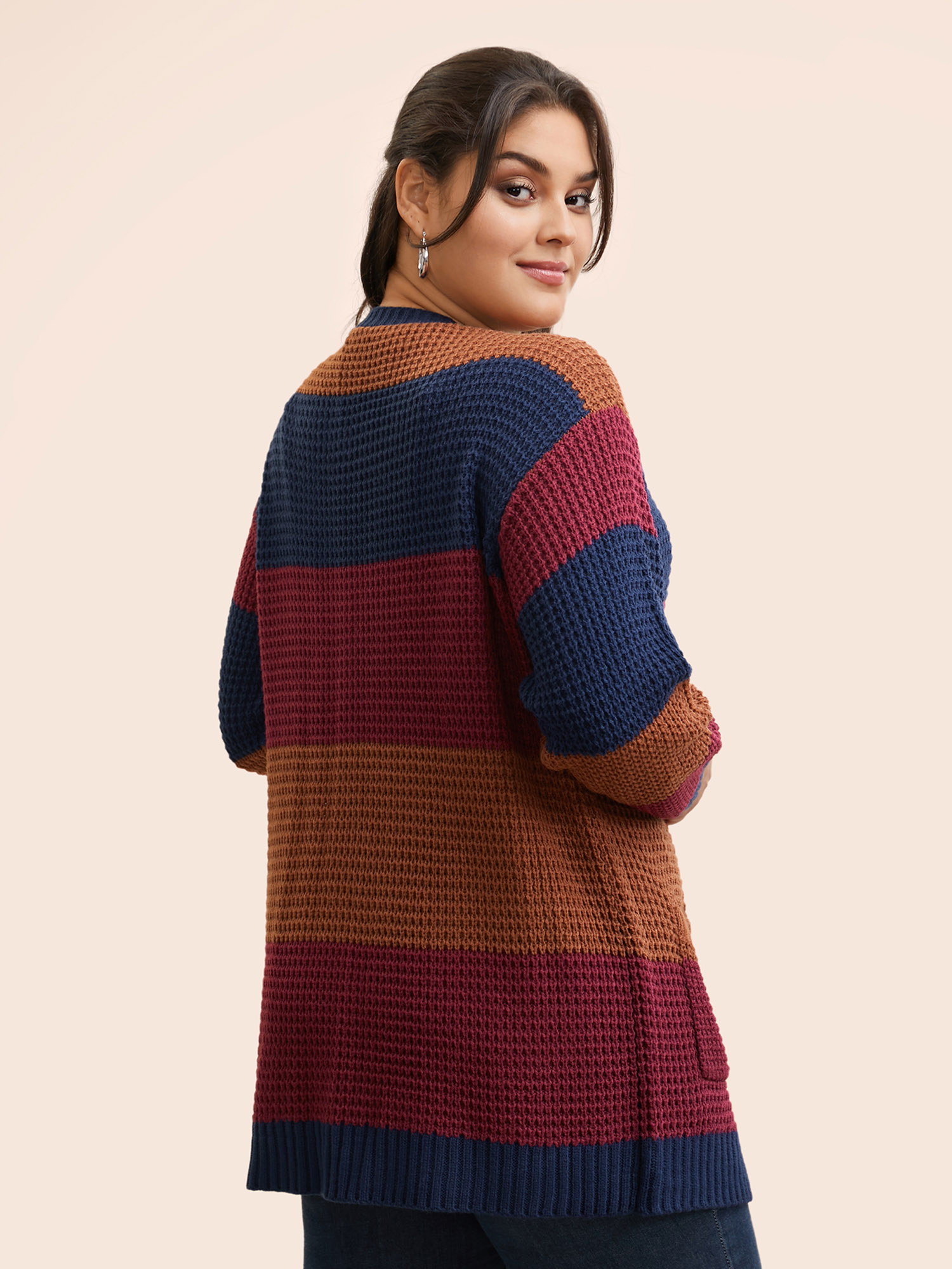 Plus Size Colorblock Contrast Patch Pocket Cardigan Multicolor Women Casual Loose Long Sleeve Everyday Cardigans BloomChic 30/6X 