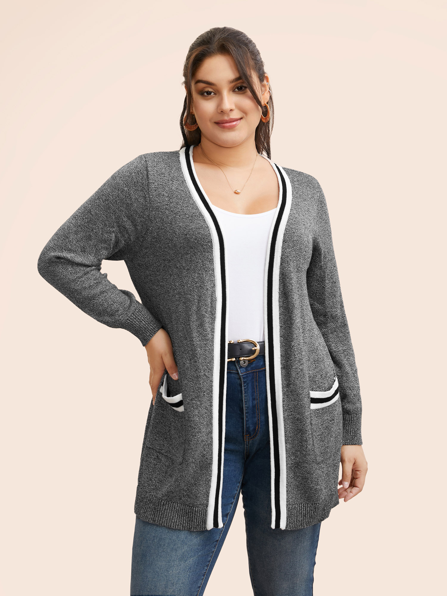 

Plus Size Heather Contrast Striped Pocket Cardigan Black Women Casual Loose Long Sleeve Everyday Cardigans BloomChic