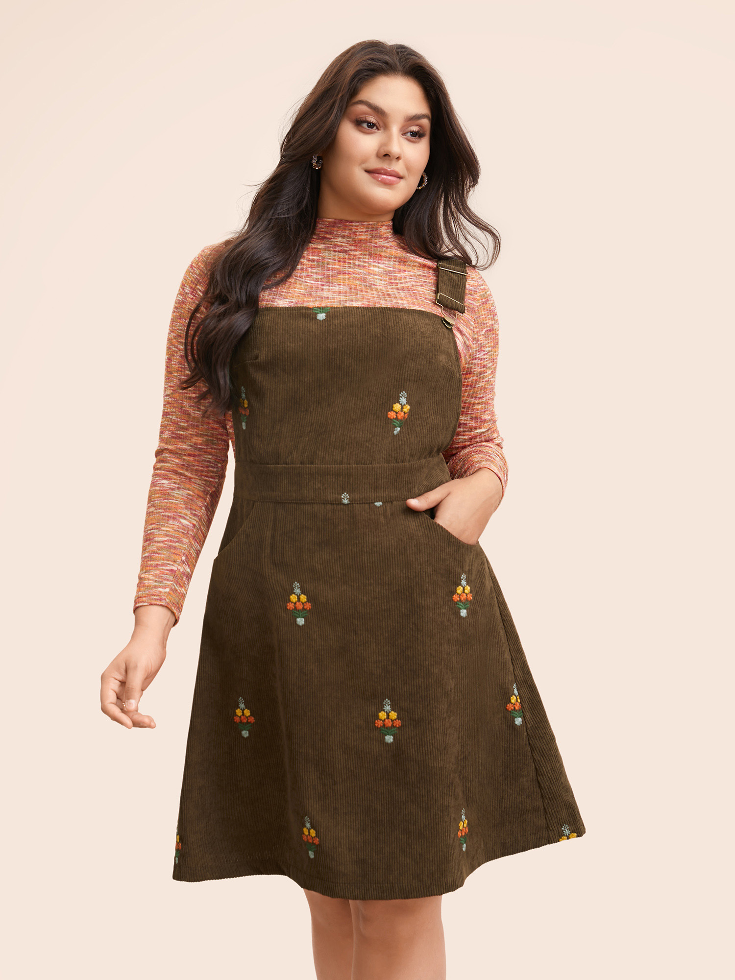 

Plus Size Floral Embroidered Corduroy Overall Dress Yellowishbrown Women Elegant Texture Non Sleeveless Curvy BloomChic