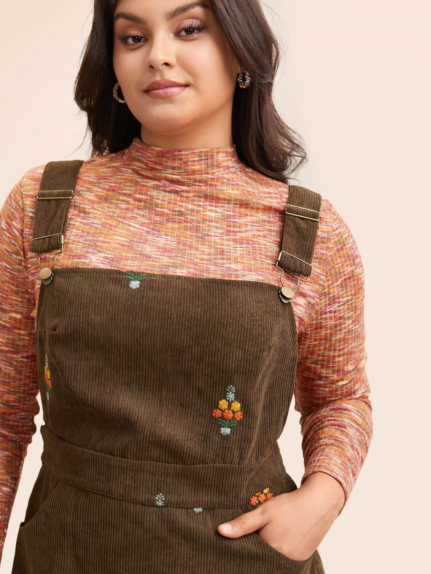 Plus Size Floral Embroidered Corduroy Overall Dress Yellowishbrown Women Elegant Texture Non Sleeveless Curvy BloomChic 10/M 
