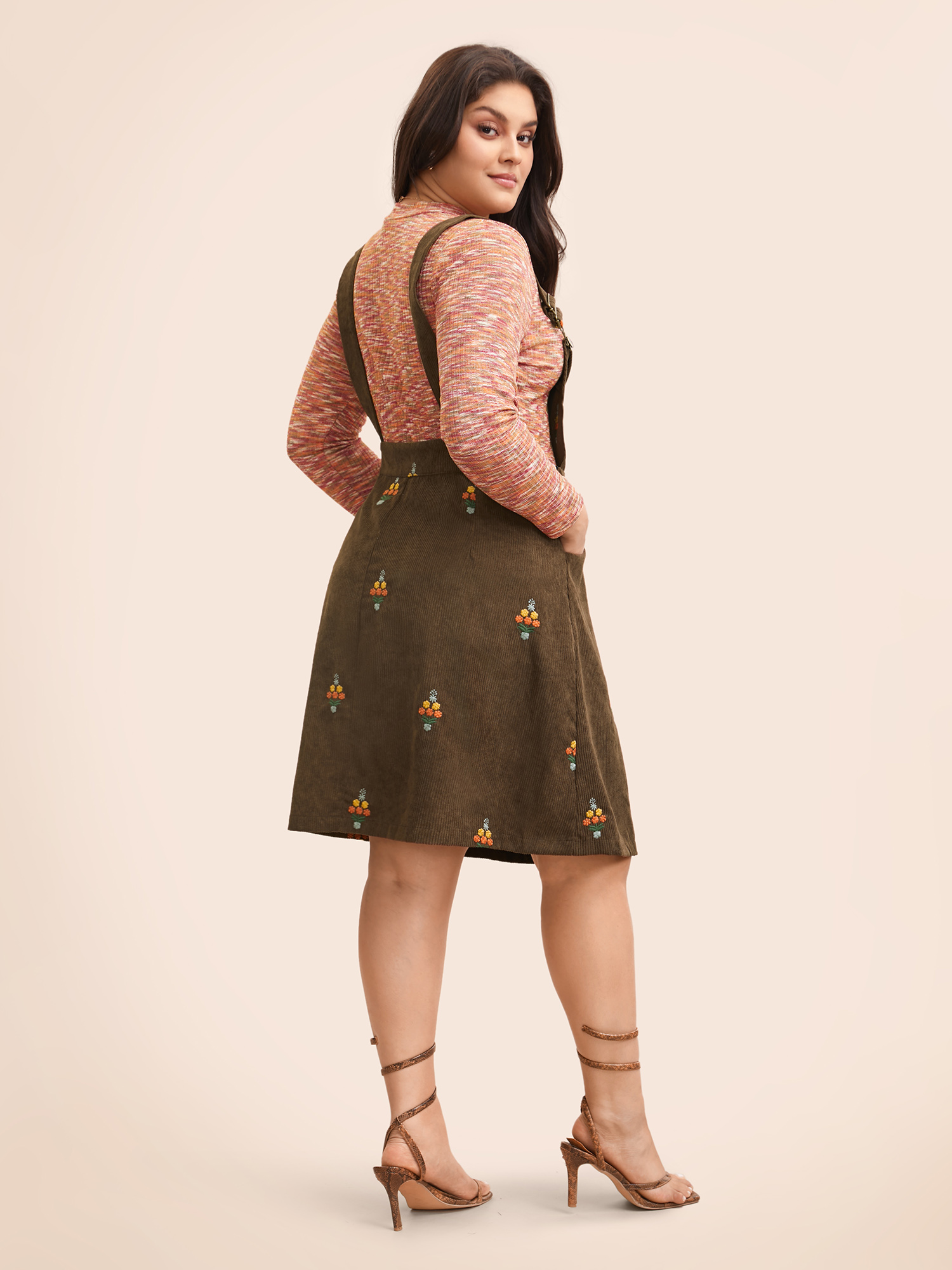 Plus Size Floral Embroidered Corduroy Overall Dress Yellowishbrown Women Elegant Texture Non Sleeveless Curvy BloomChic 10/M 