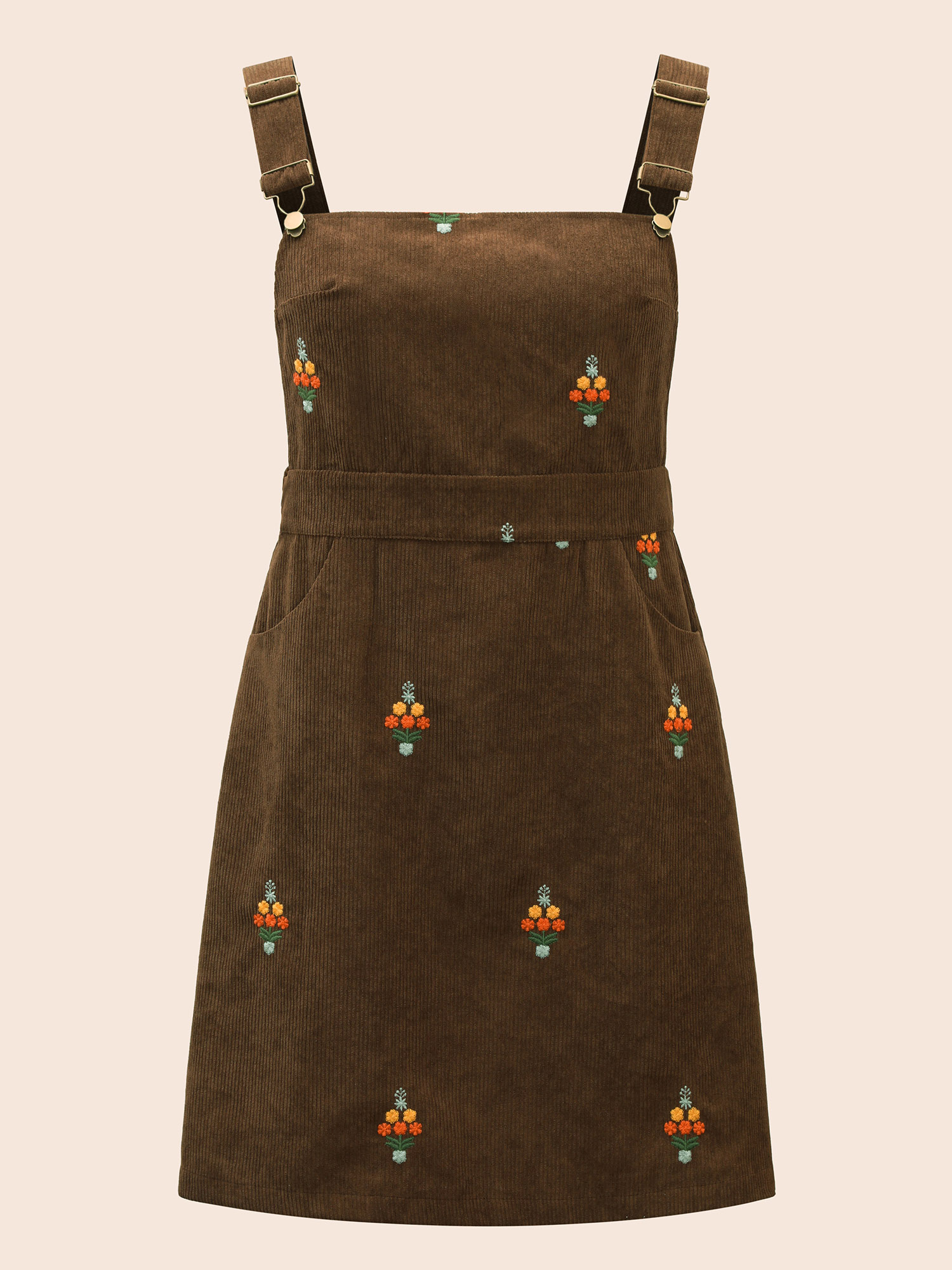 Plus Size Floral Embroidered Corduroy Overall Dress Yellowishbrown Women Elegant Texture Non Sleeveless Curvy BloomChic 10/M 