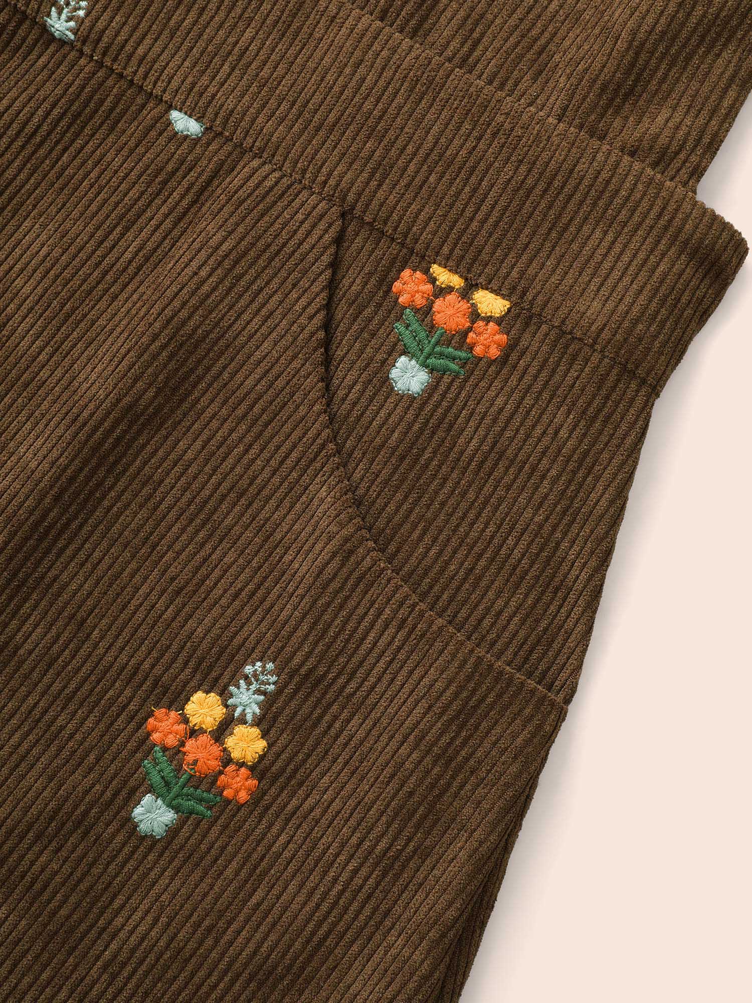 Plus Size Floral Embroidered Corduroy Overall Dress Yellowishbrown Women Elegant Texture Non Sleeveless Curvy BloomChic 10/M 