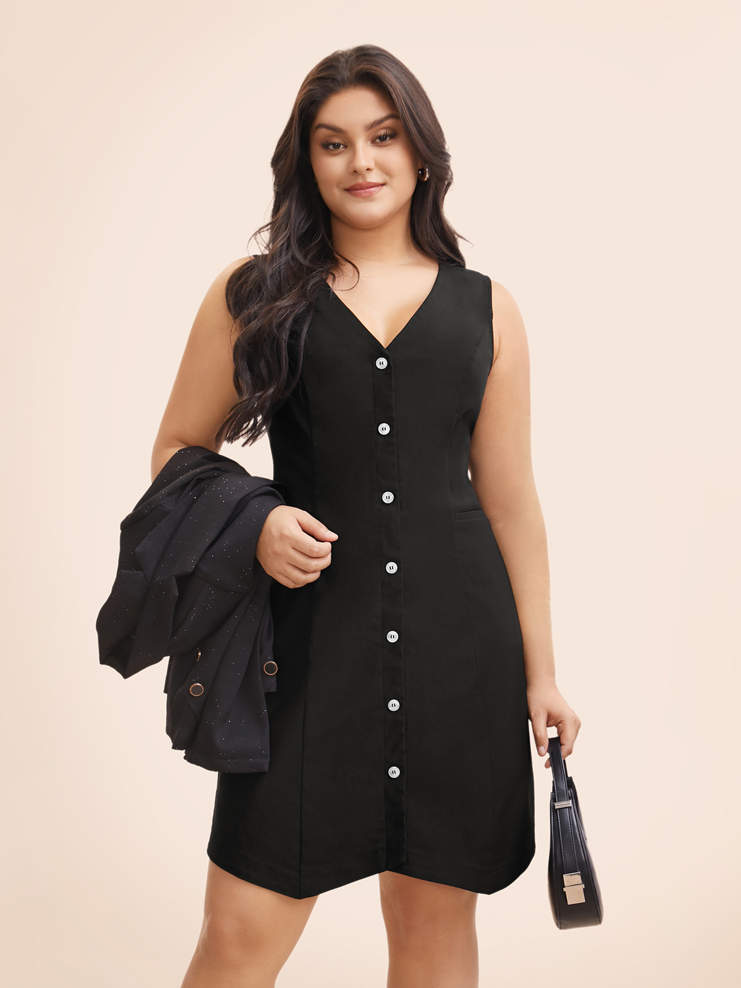 

Plus Size V Neck Button Detail Sleeveless Dress Black Women At the Office Button V-neck Sleeveless Curvy BloomChic