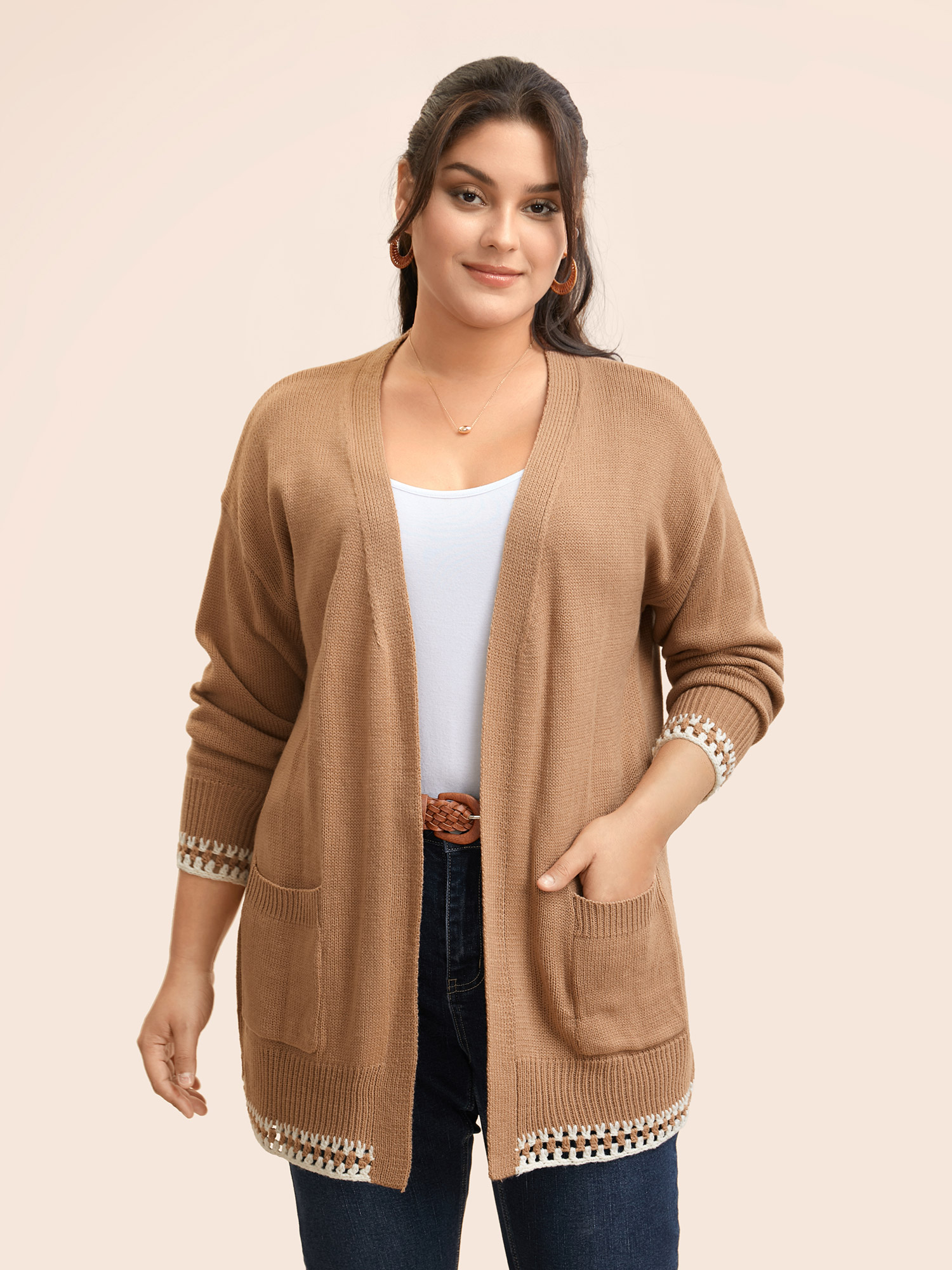 

Plus Size Crochet Contrast Wool Blend Cardigan Tan Women Casual Loose Long Sleeve Everyday Cardigans BloomChic