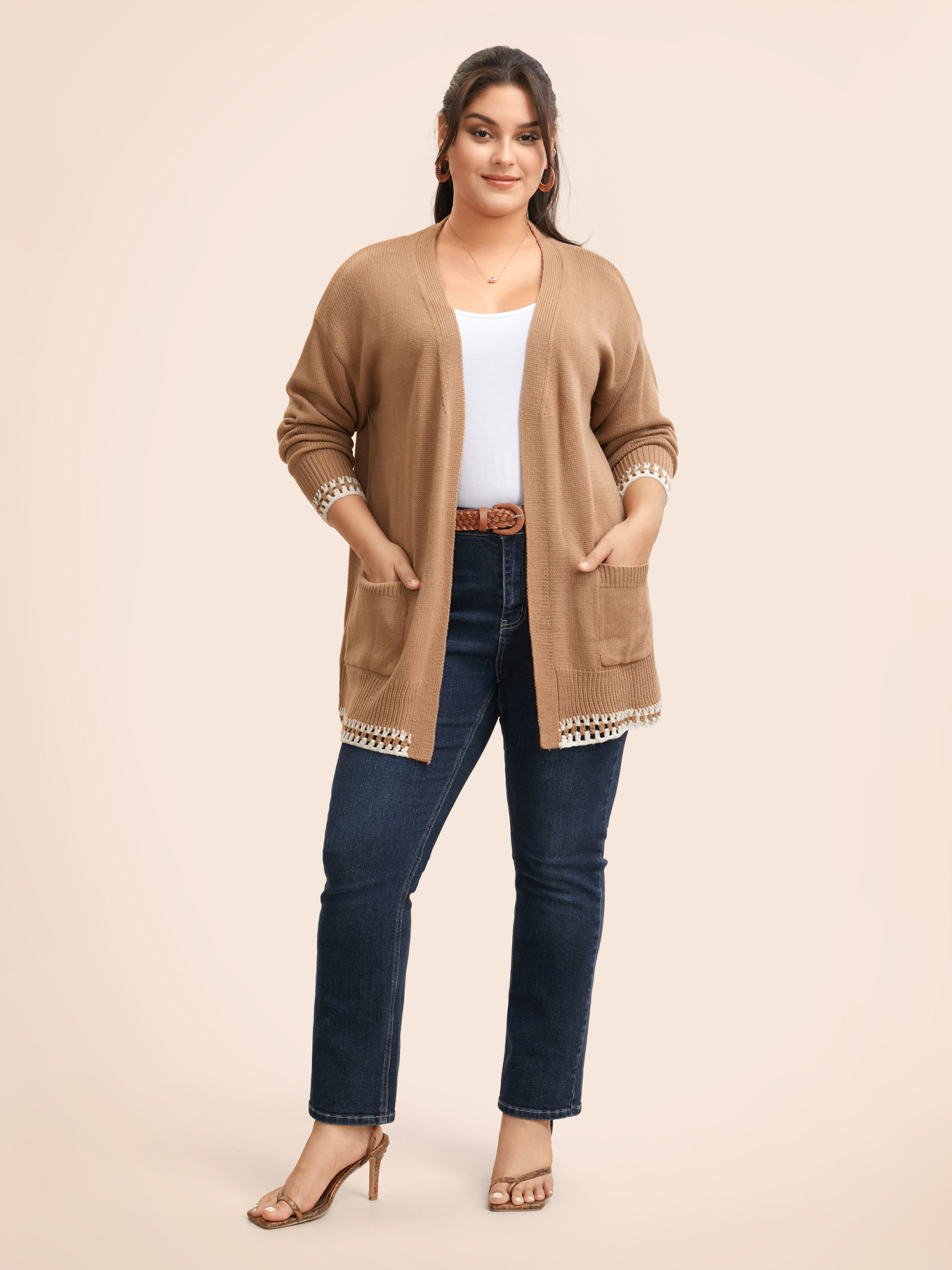 

Plus Size Crochet Contrast Wool Blend Cardigan Tan Women Casual Loose Long Sleeve Everyday Cardigans BloomChic